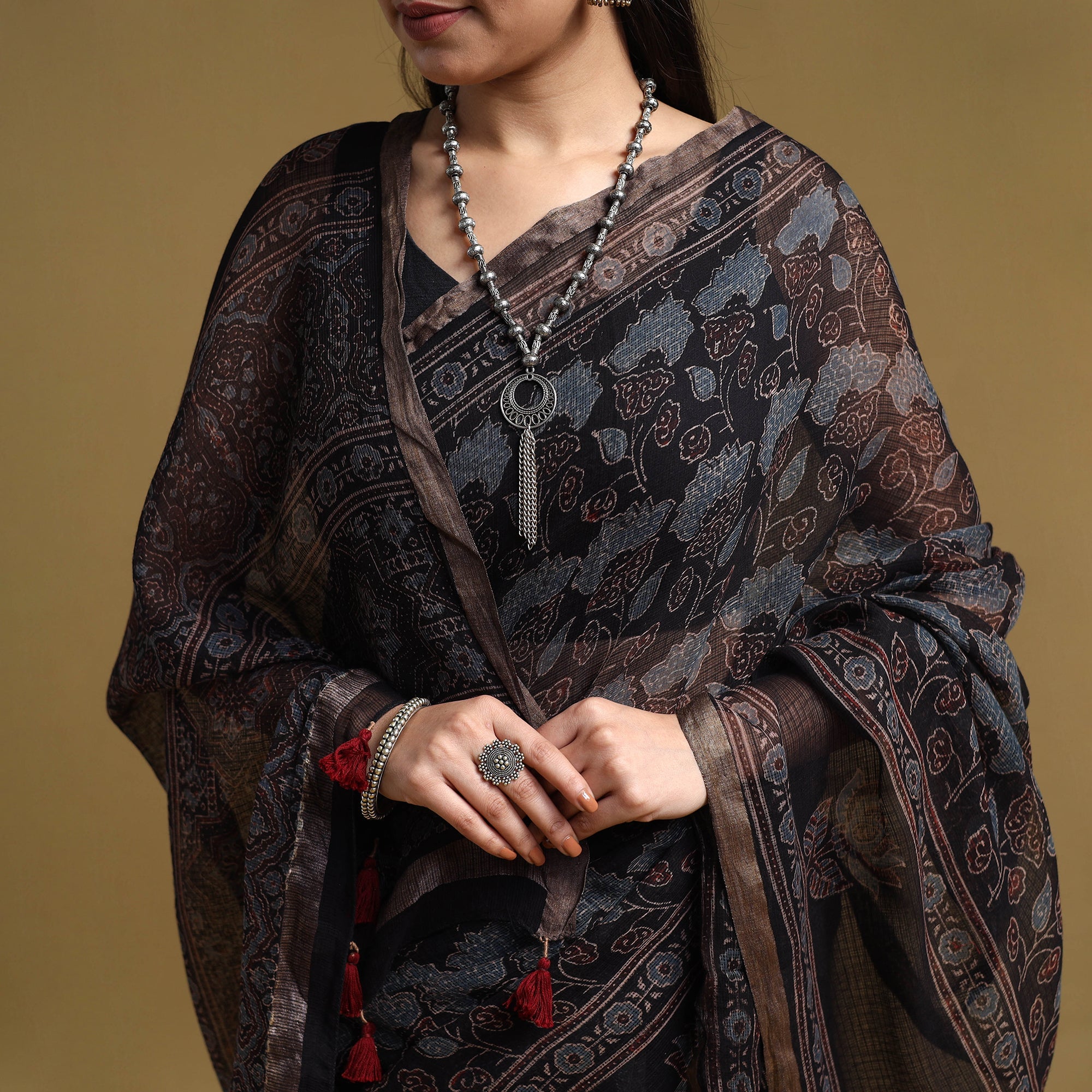 KACHCHH JI CHHAAP Black - Natural Dyed Block Print Kota Doria Cotton Ajrakh Saree 03 - view 3