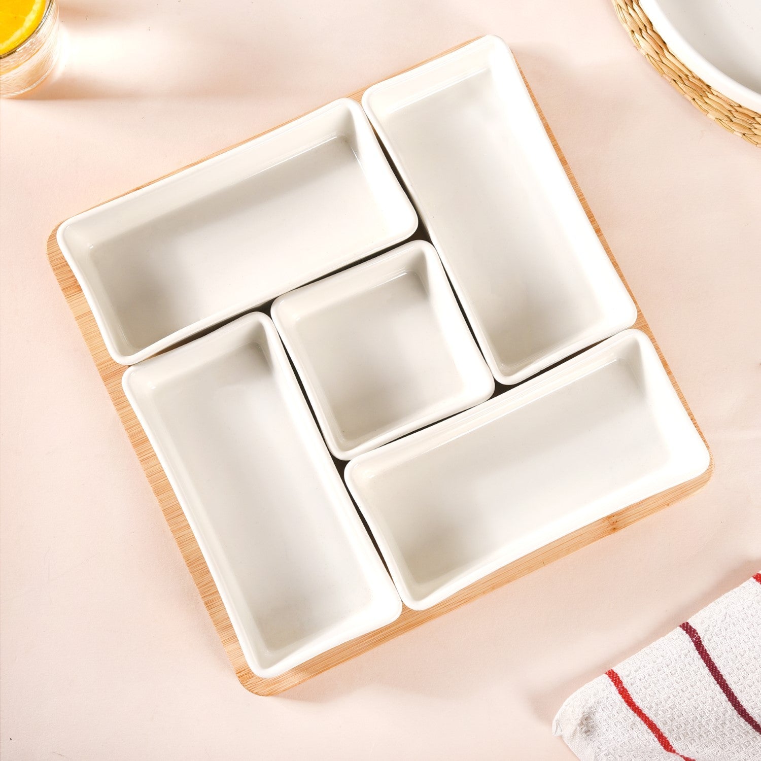 Nestasia White Ceramic Bowls With Bamboo Tray Set Of 5 - view 6