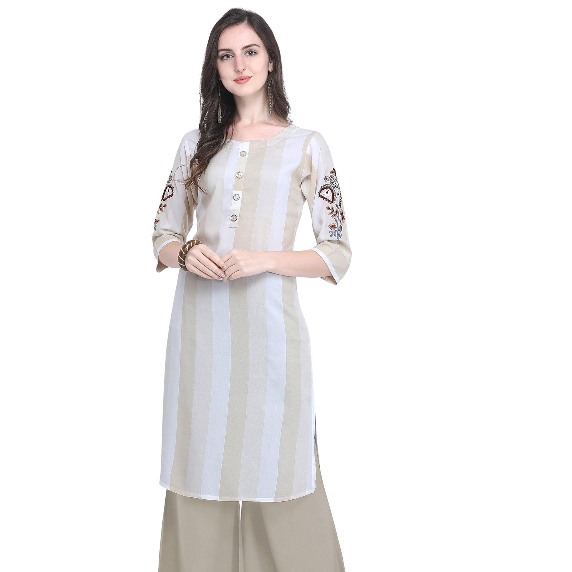 Peachmode Seller Impressive Beige Colored Casual Embroidered Rayon Kurti