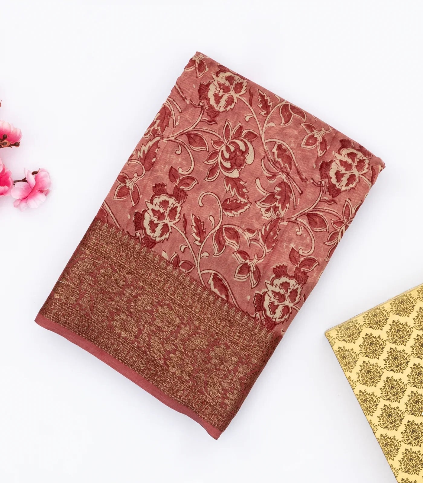 RmKV Dusty Pink Handloom Chanderi Cotton Saree With Printed Floral Motifs