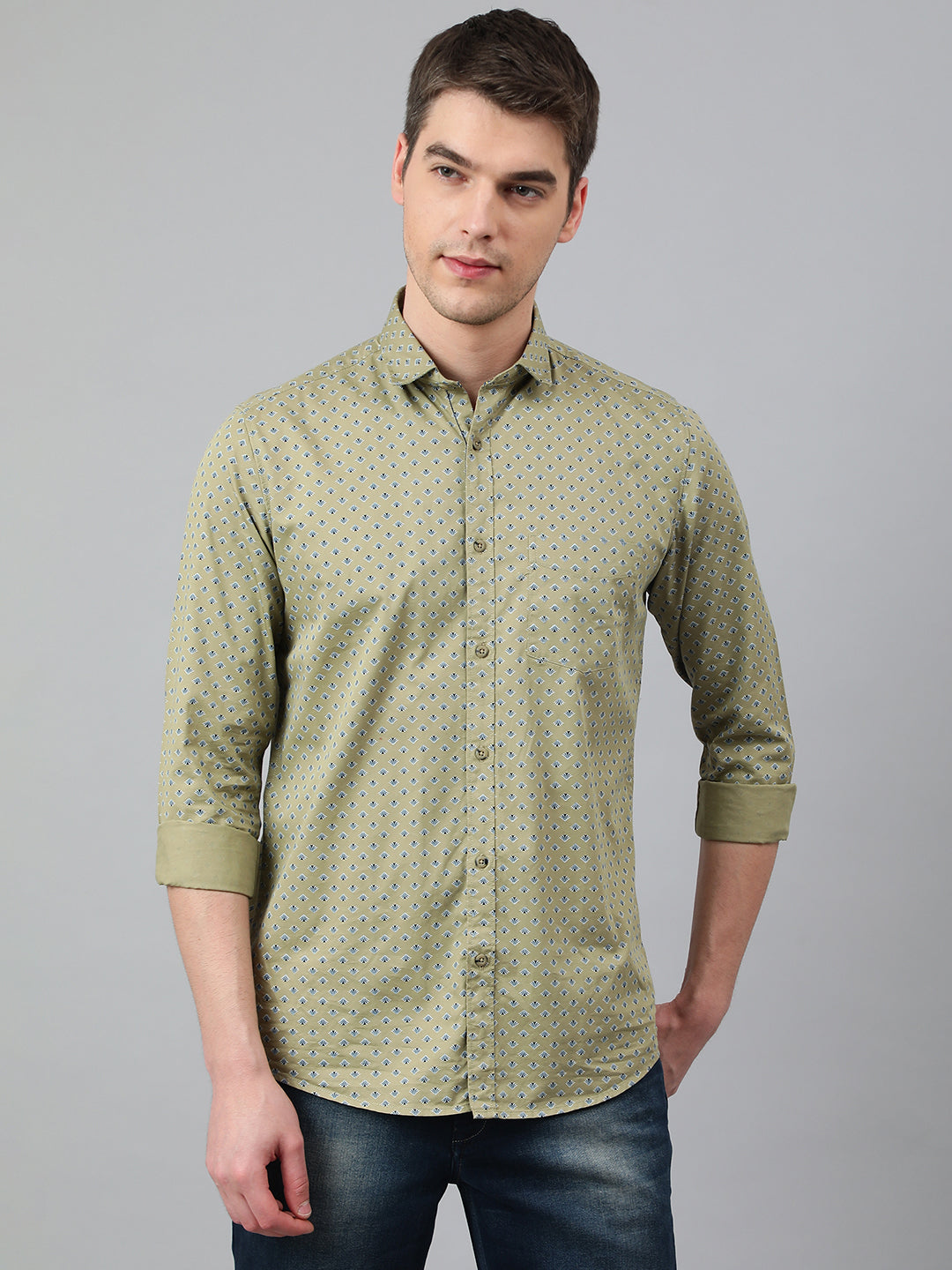 BlackTree Men Dark Khakhi Standard Fit Printed Casual Shirt