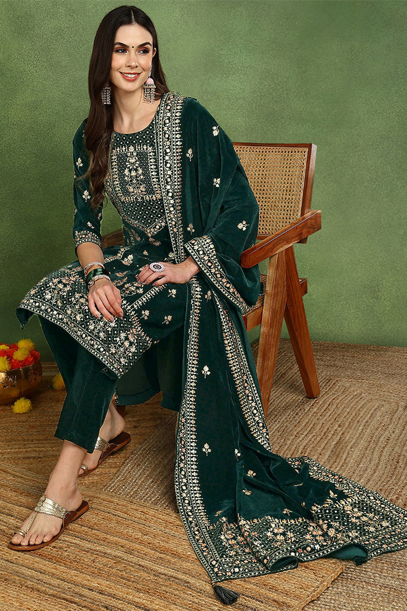 Ahika Green Velvet Ethnic Motifs Printed Straight Suit Set PKSKD2772 - view 2