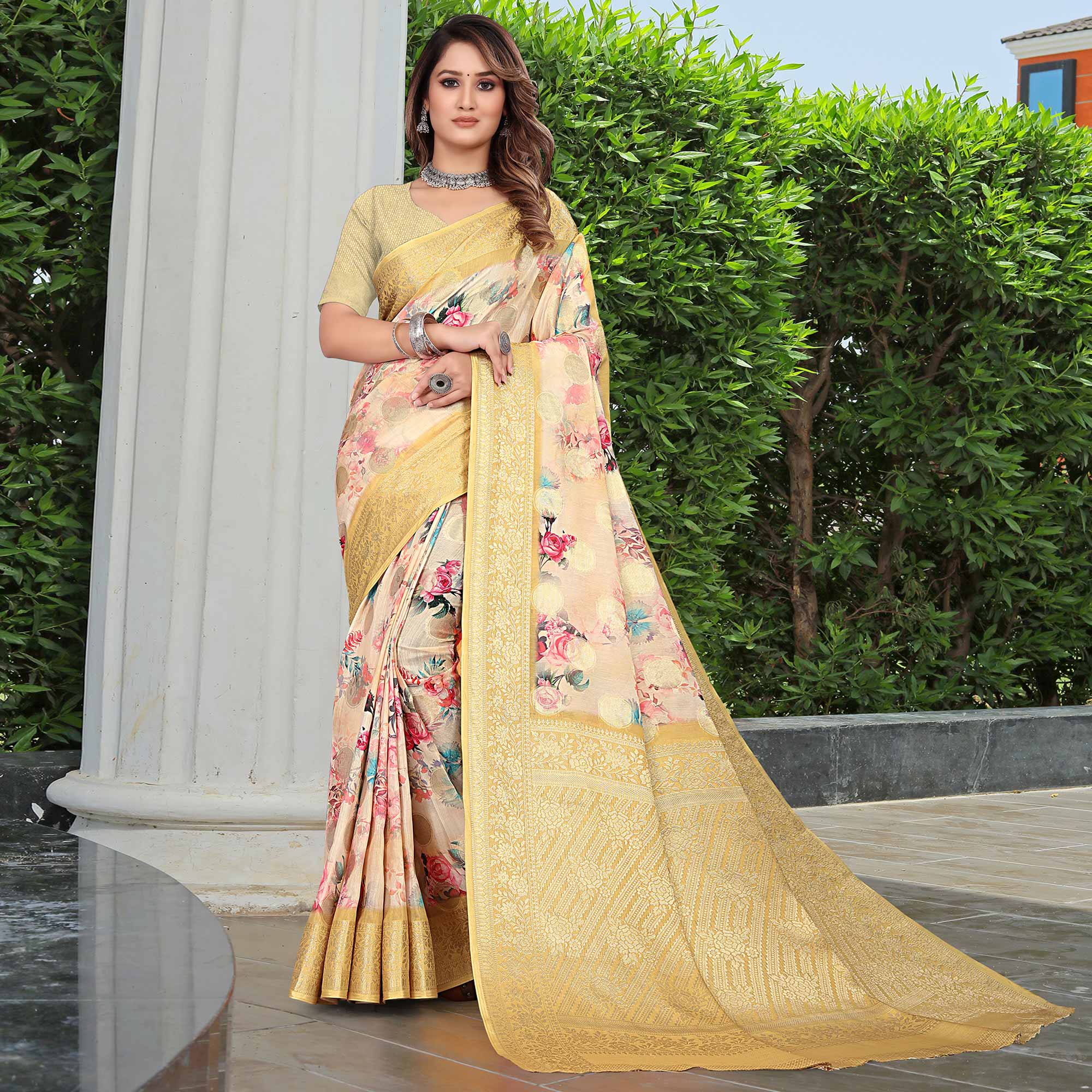 Peachmode Cream & Yellow Floral Printed Pure Cotton Saree