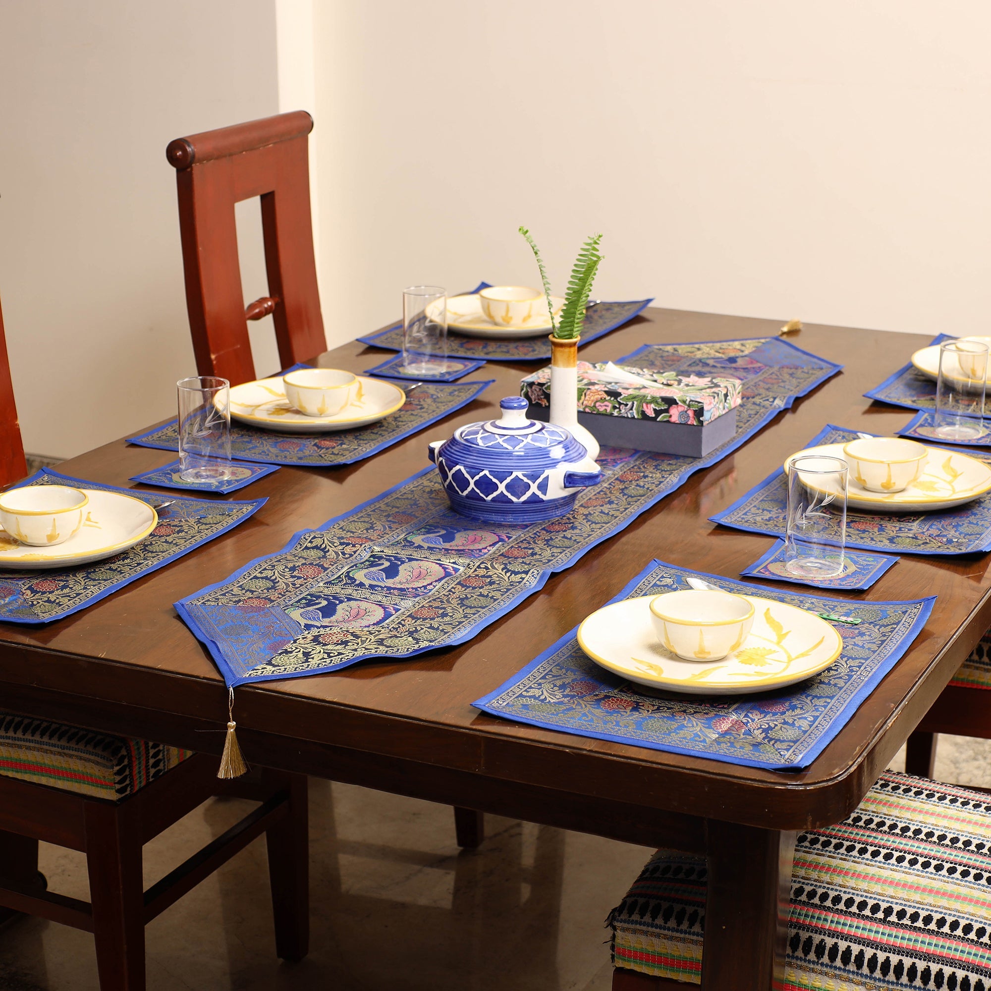 ITOKRI CRAFTS INITIATIVE Blue - Banarasi Silk Brocade 13pc Dining Table Runner Set 04