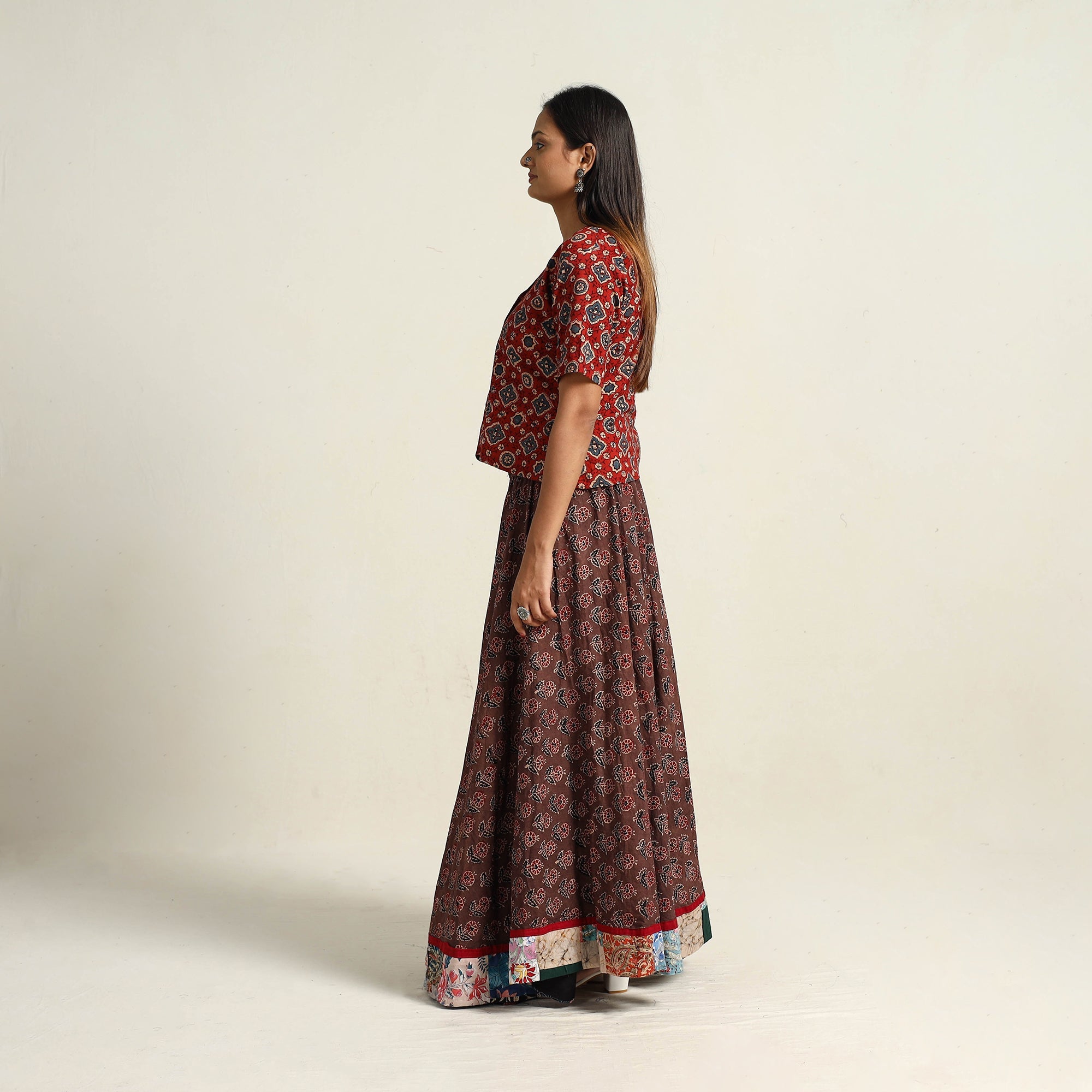 NOORI BAZAR Brown - Hand Block Printed Cotton Long Ajrakh Skirt 12 - view 3