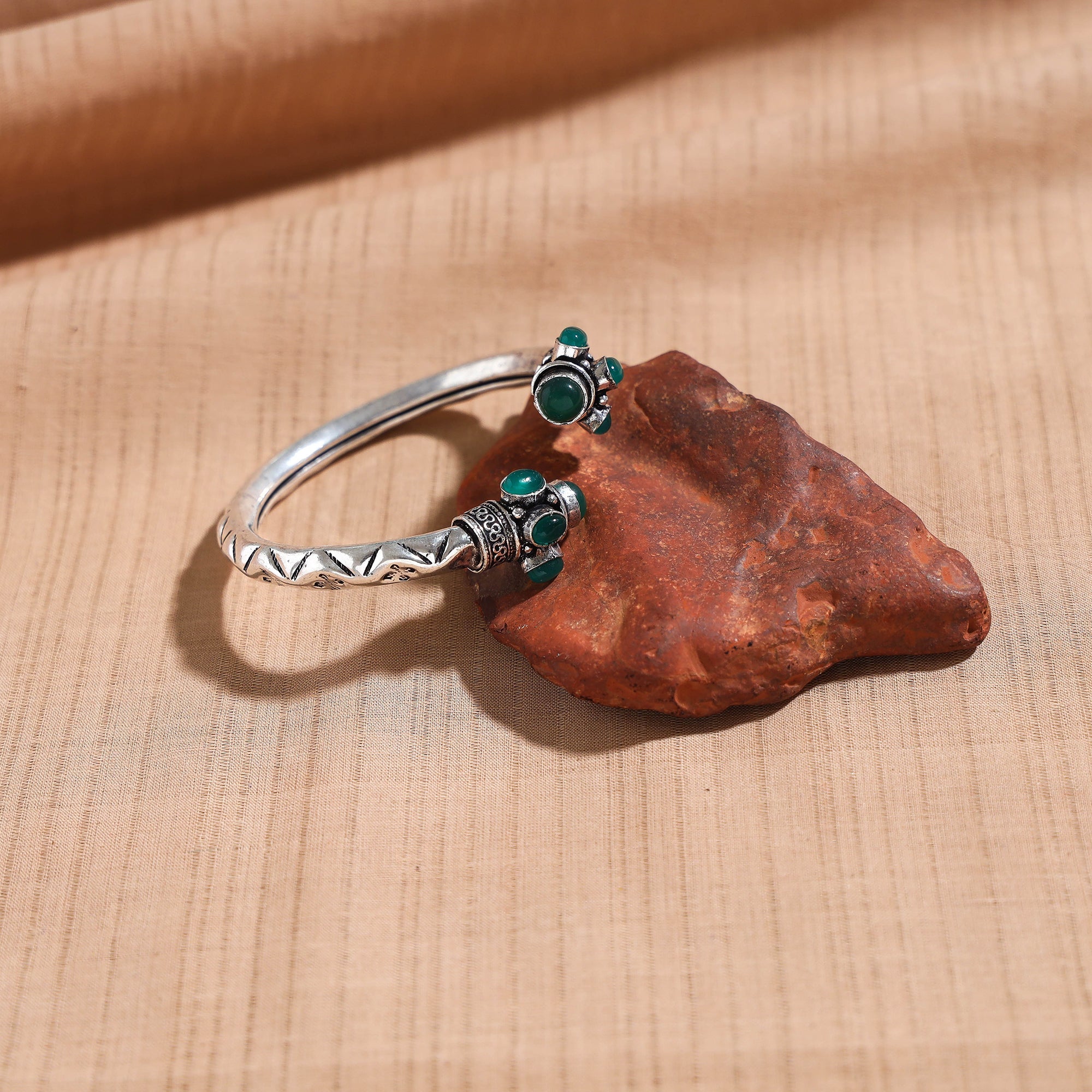 WHITE RIVER STORIES Antique Finish Oxidised German Silver Stone Bangle / Kada (Adjustable)