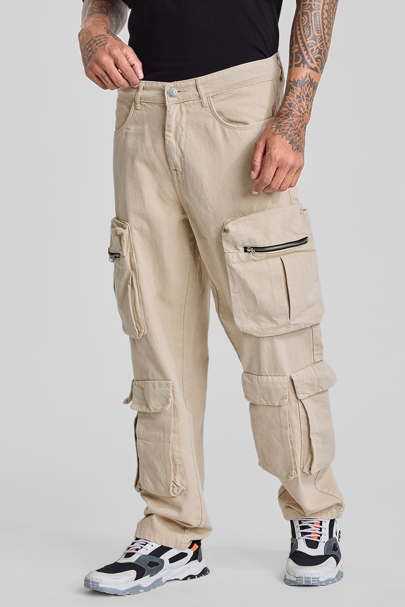 SNITCH Beige Baggy Fit Cargo Jeans