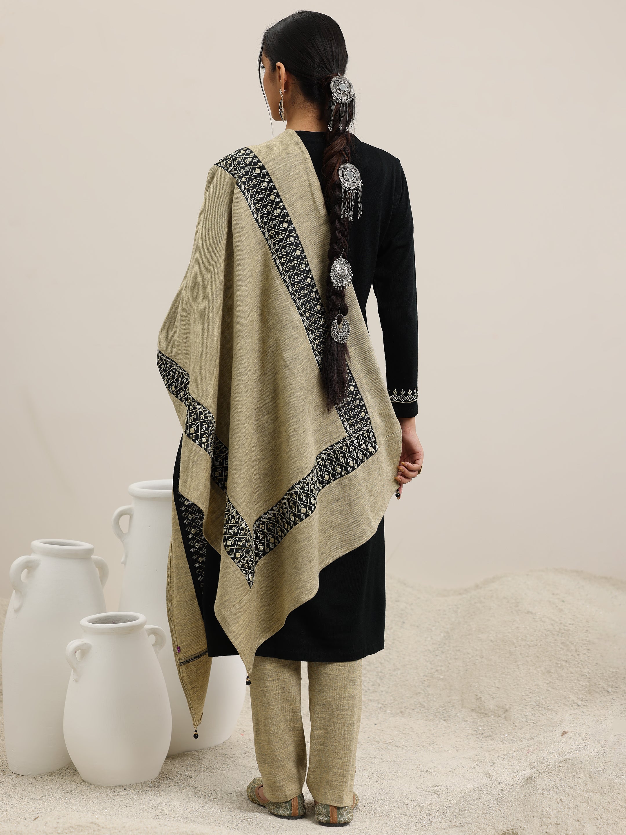 Libas Black Yoke Design Wool Blend Straight Suit With Dupatta - view 3