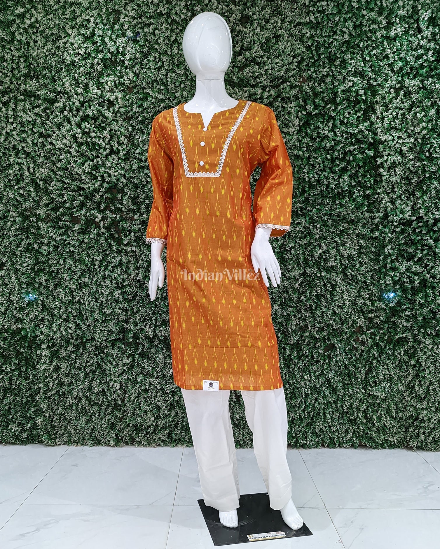 IndianVillèz Golden Orange Pochampally Ikat Designer Cotton Kurti