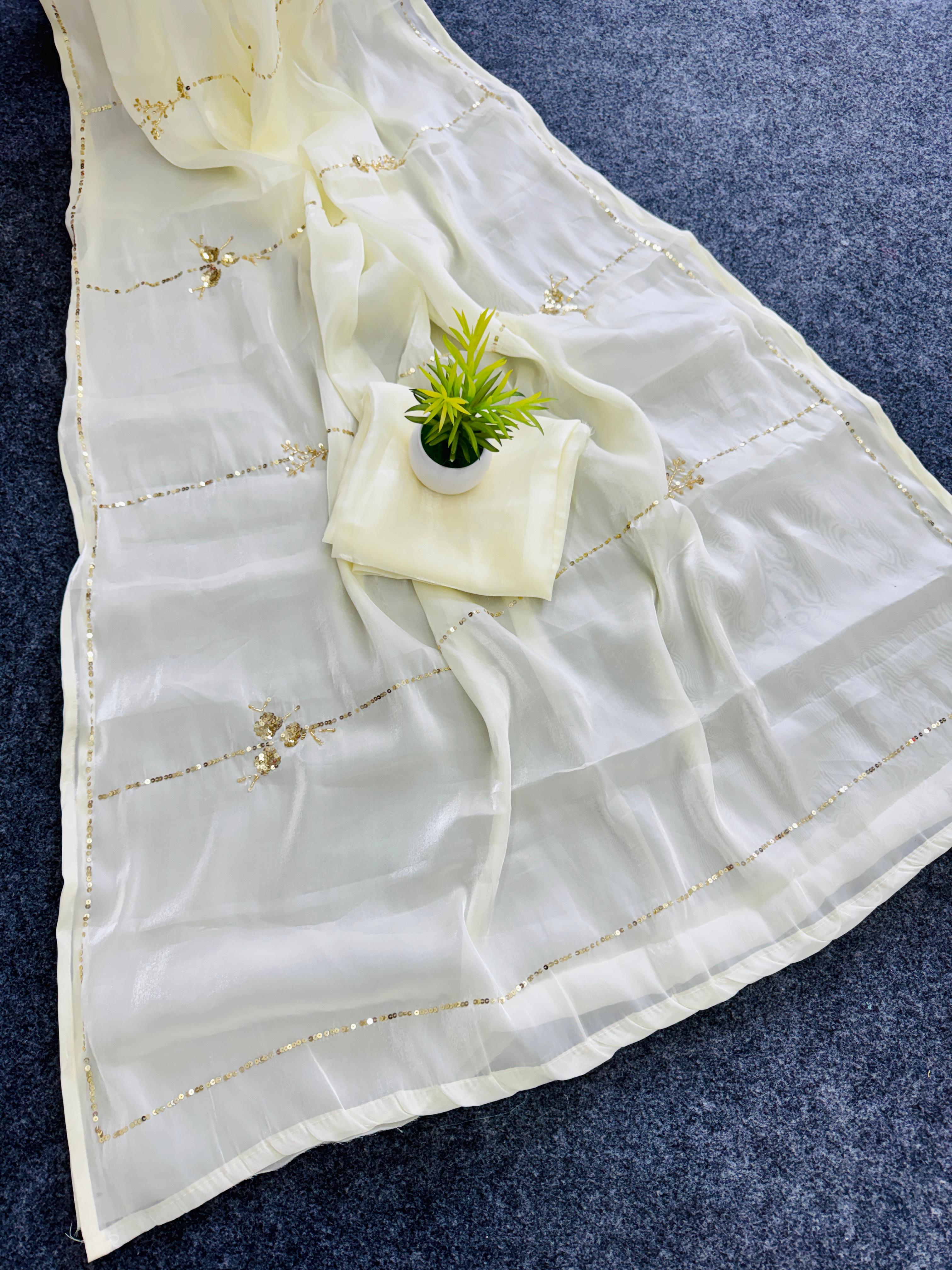ClothsVilla Beige Color Tissue Jimmy Choo Saree with Exquisite Handwork – Complete with Running Blouse - view 5