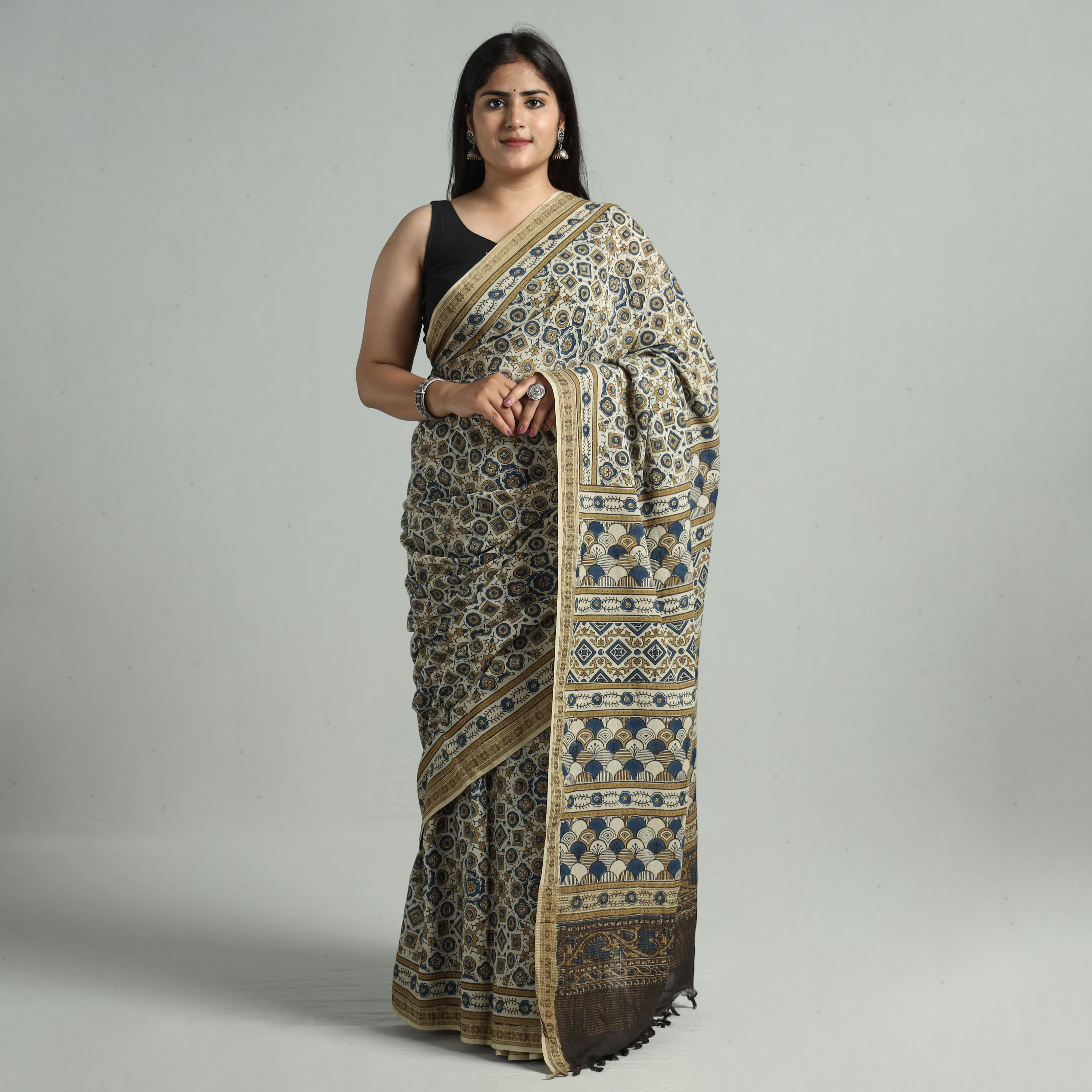 AJRAKH BY JABBAR KHATRI Beige - Natural Dyed Block Print Mul Cotton Ajrakh Saree 01