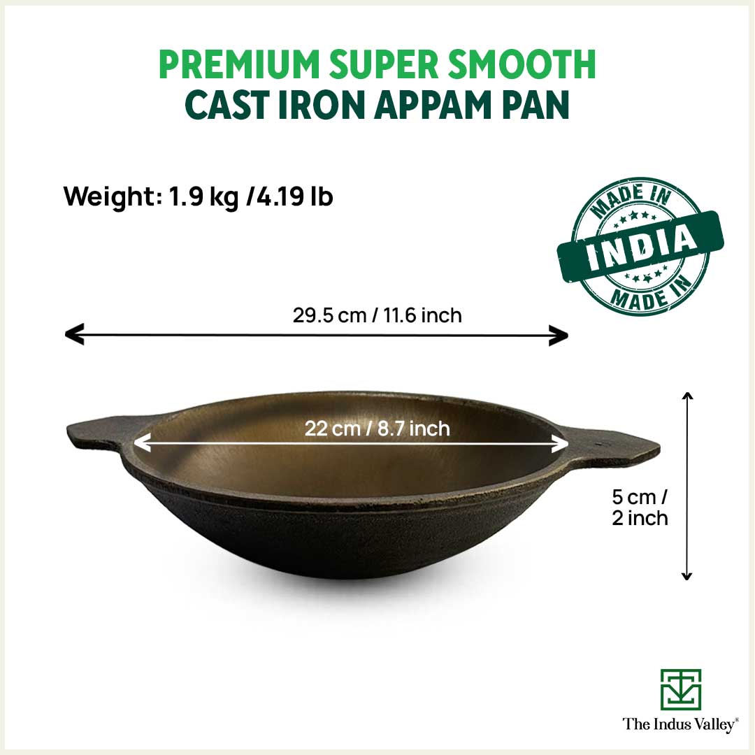 The Indus Valley Super Smooth Cast Iron Appam Pan/Appachetty, Glass Lid,Pre-seasoned, Nonstick, 100% Pure, Toxin-free, 22cm, 1.9kg - view 3