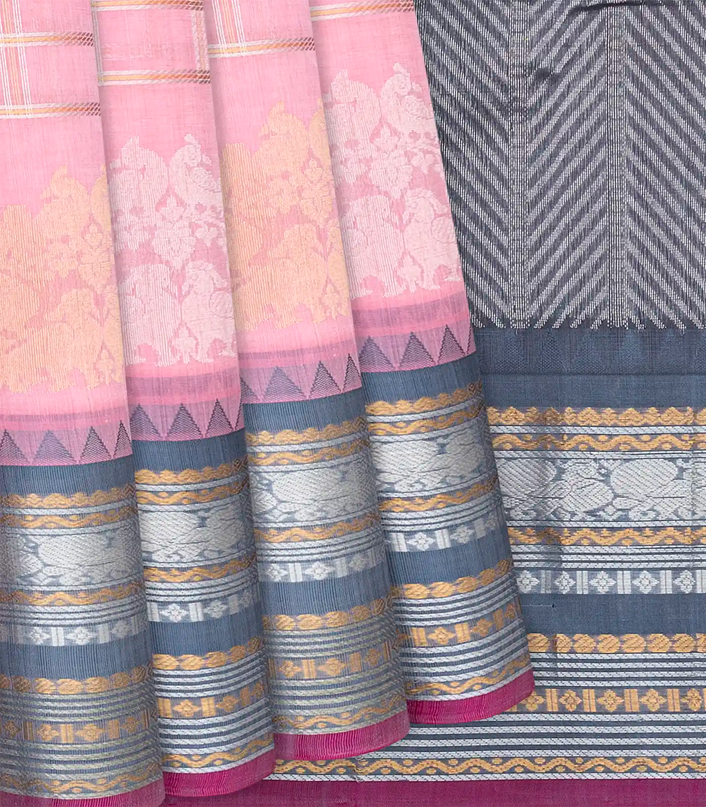 RmKV Bubble gum Pink Handloom Chirala Silk Cotton Saree With Annam Motifs-BubbleGum Pink