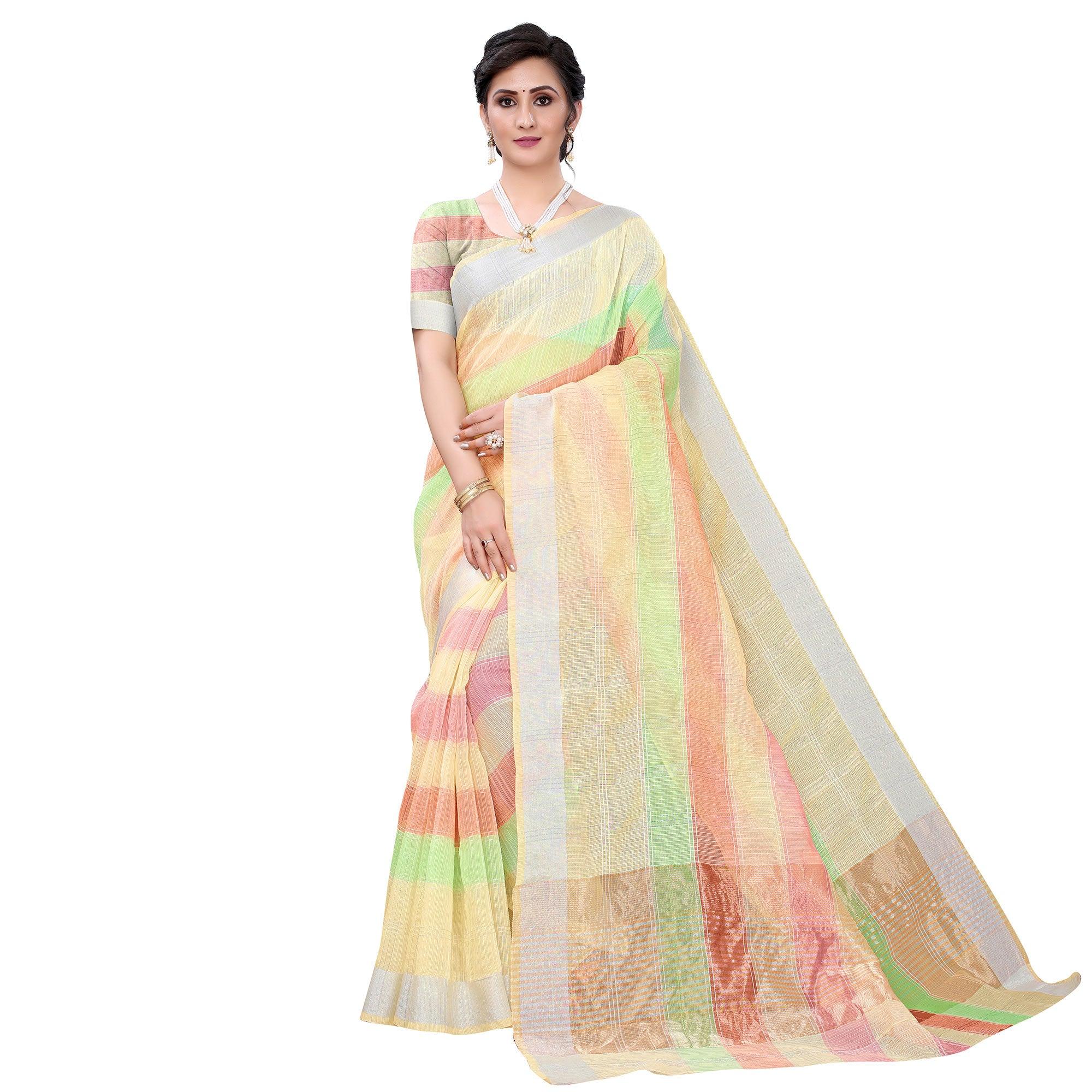 Peachmode Light Yellow Casual Wear Checks Printed Silk Saree With Border