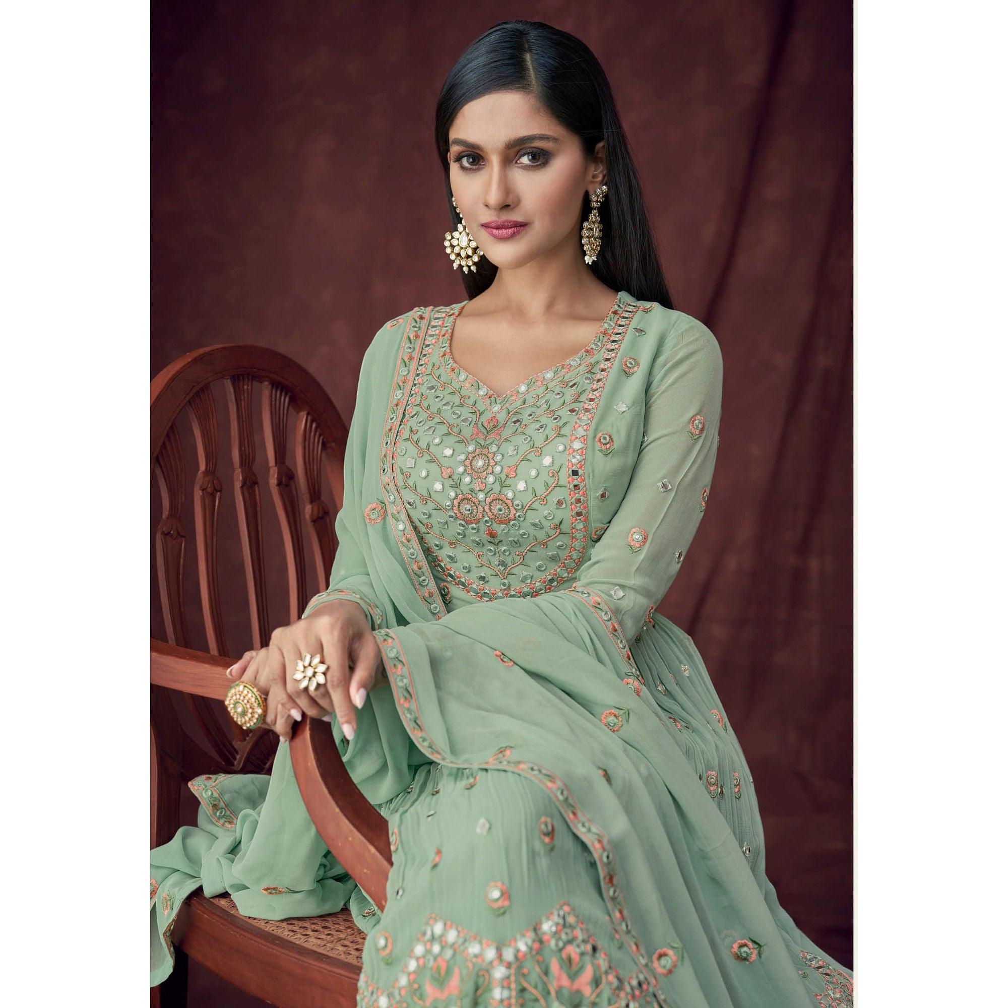 Peachmode Seller Light Turquoise Partywear Embroidered & Embellished Georgette Sharara Suit - view 2