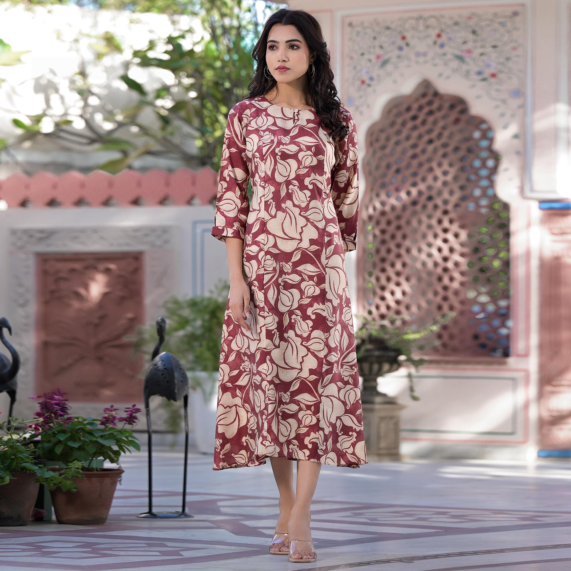 Peachmode Maroon Floral Printed Chanderi Silk Dress - view 2