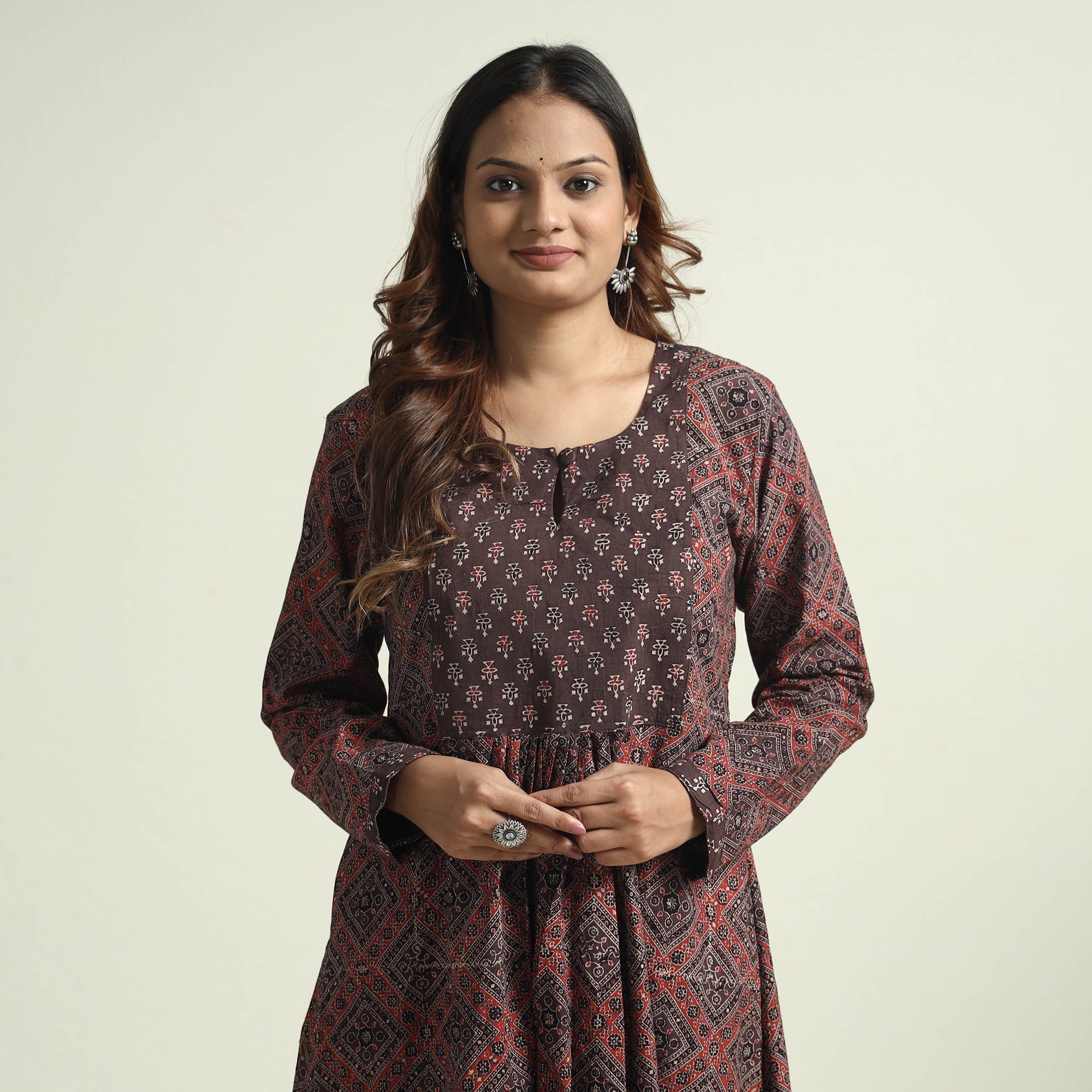 ITOKRI CASUALS Brown - Block Print Cotton Flared Ajrakh Kurta with Palazzo Set
