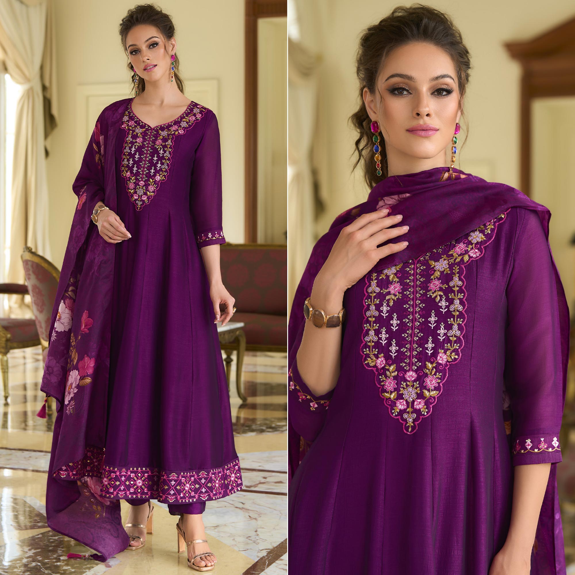 Peachmode Dark Purple Embroidered Vichitra Silk Anarkali Salwar Suit