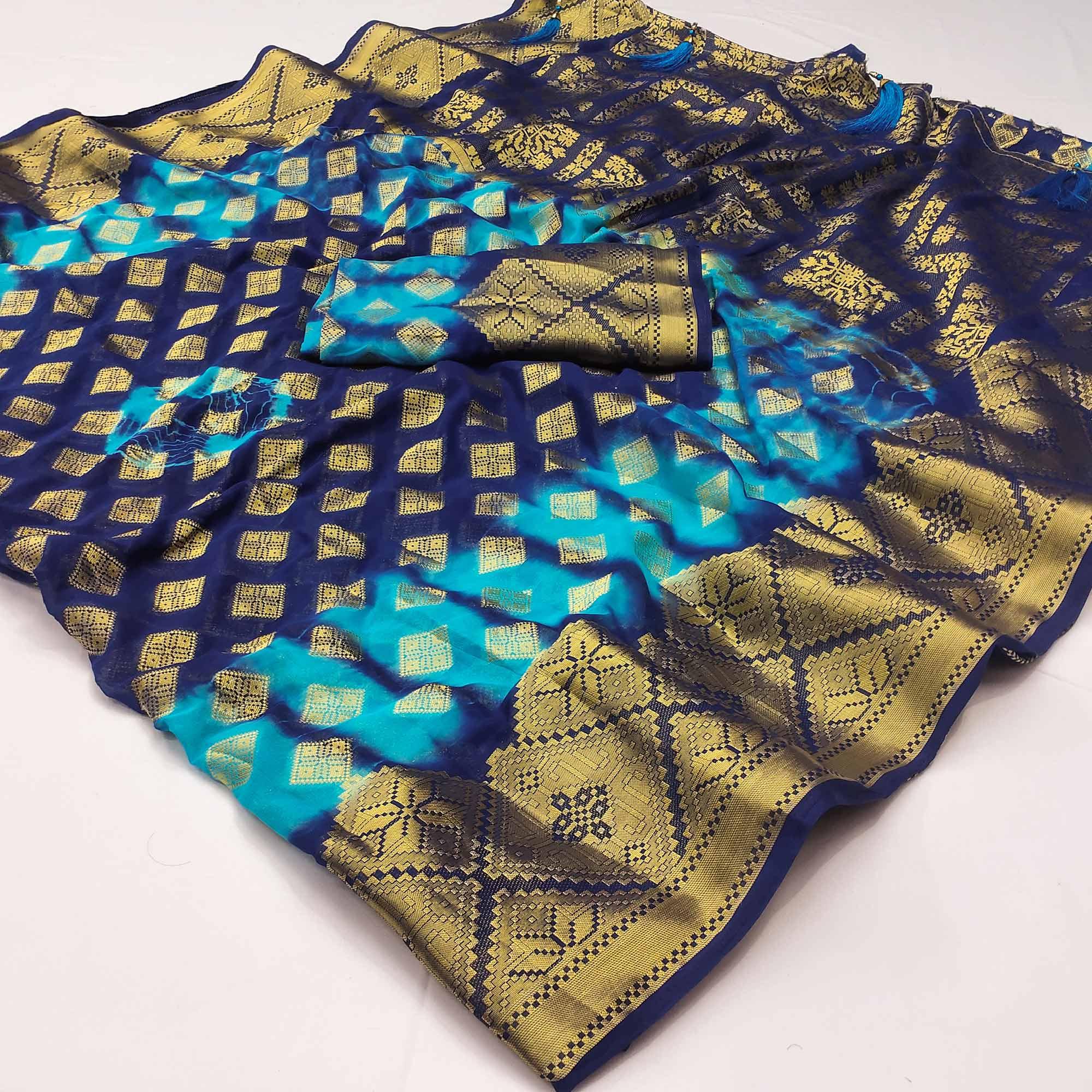Peachmode Blue Woven Jacquard Saree With Tassels