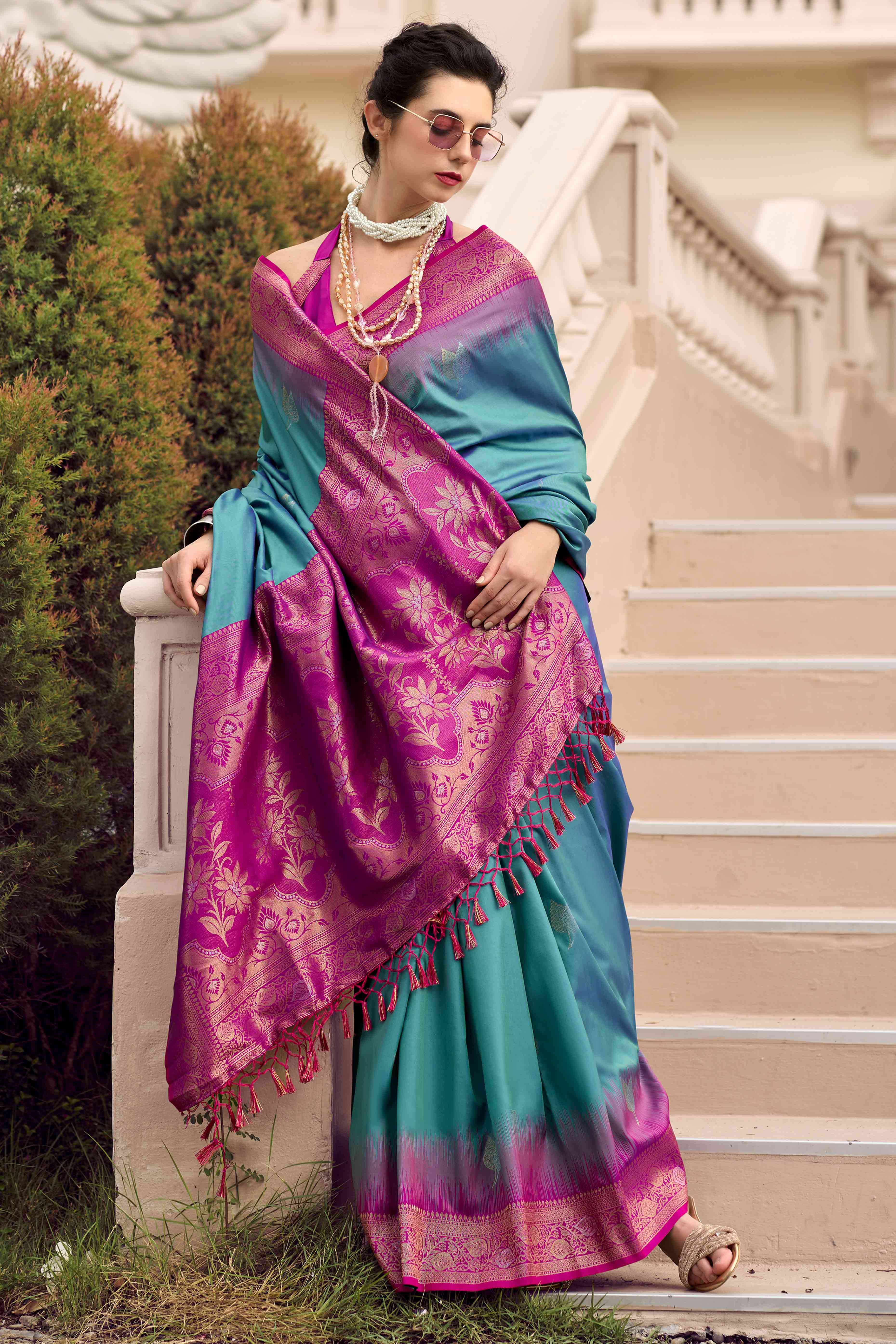 Peachmode Dusty Teal Zari Weaving Pure Silk Saree - view 3