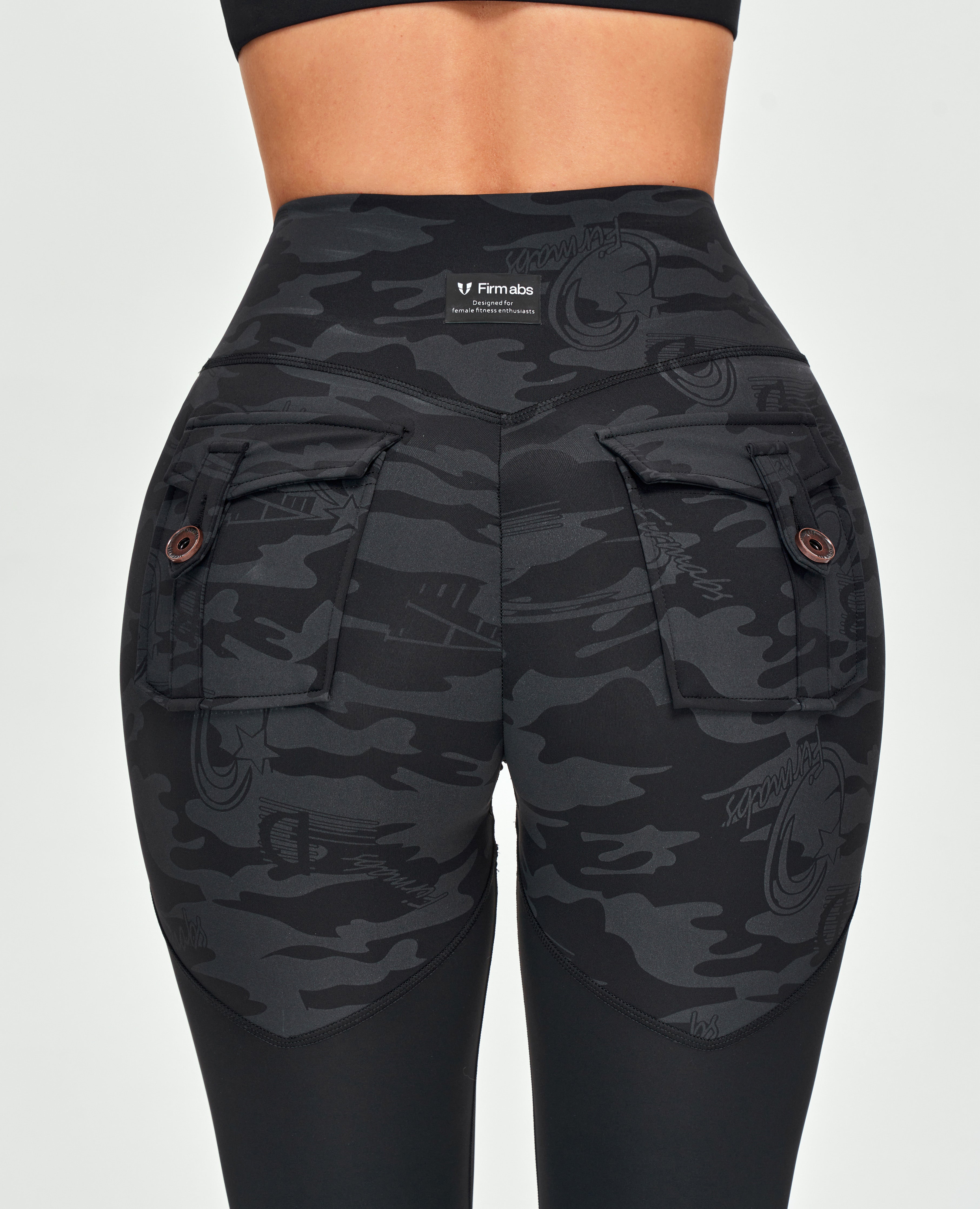 FIRM ABS V-waist Gym Leggings - Black Gray Camo - view 4