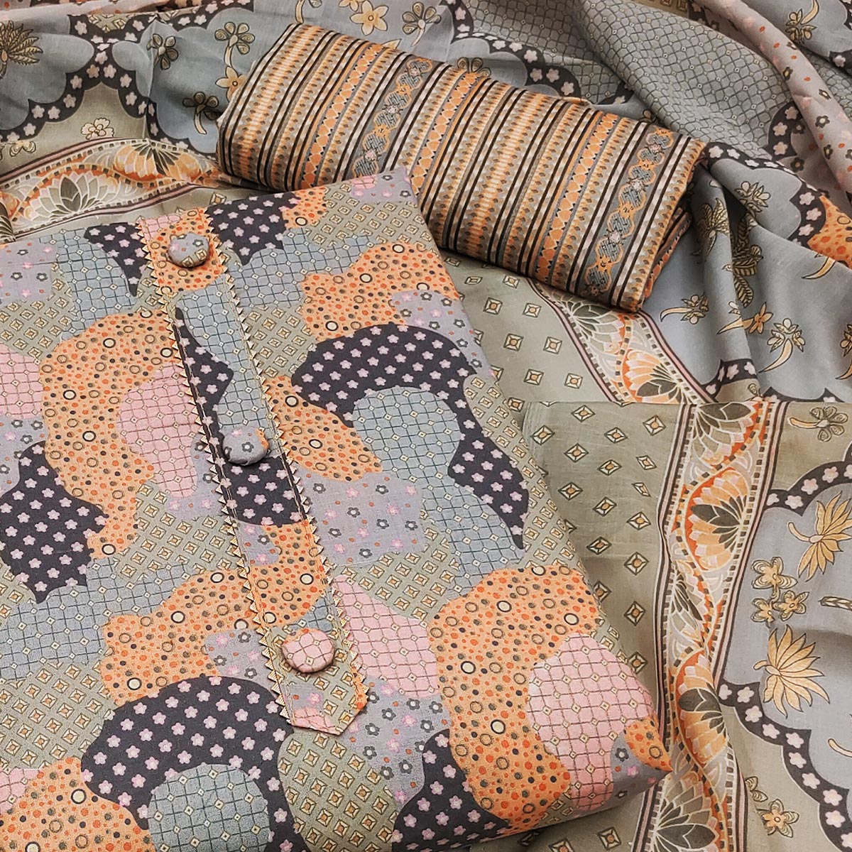 Peachmode Grey Printed Cotton Blend Dress Material - view 2