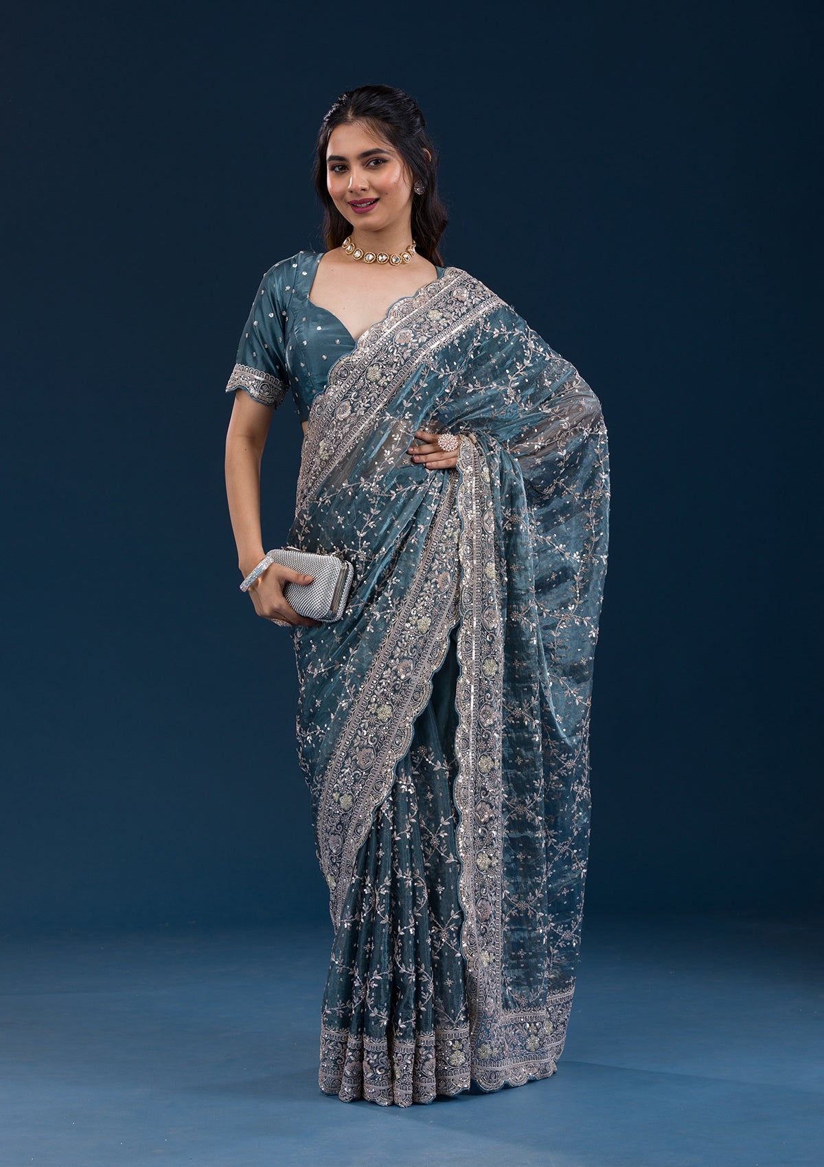 Koskii Peacock Blue Zariwork Tissue Saree – Women's