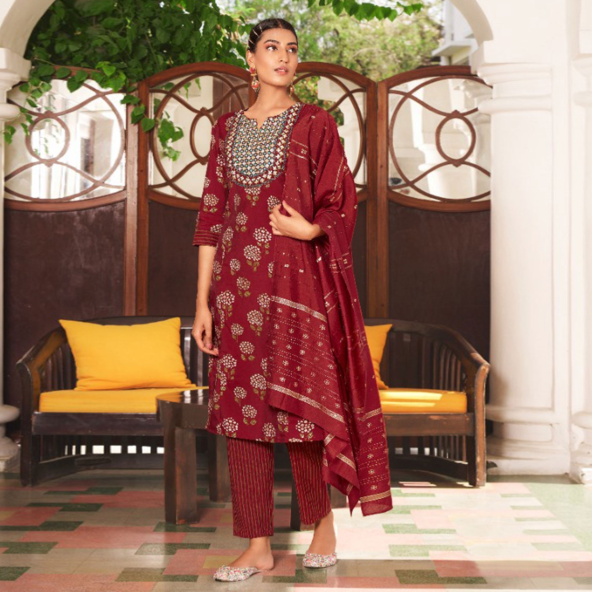 Peachmode Seller Maroon Floral Printed Pure Cotton Salwar suit