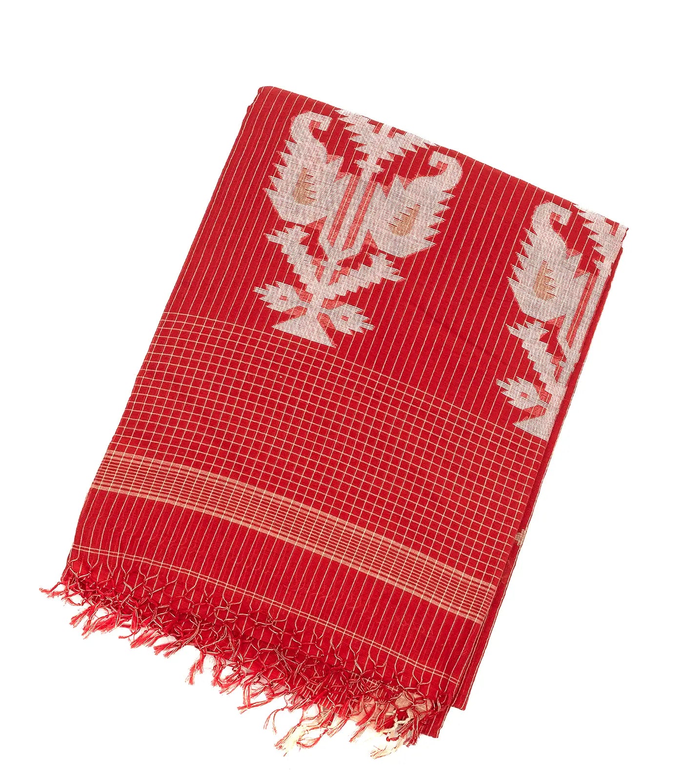 RmKV Red Handloom Bengal Cotton Saree With Floral Buttas