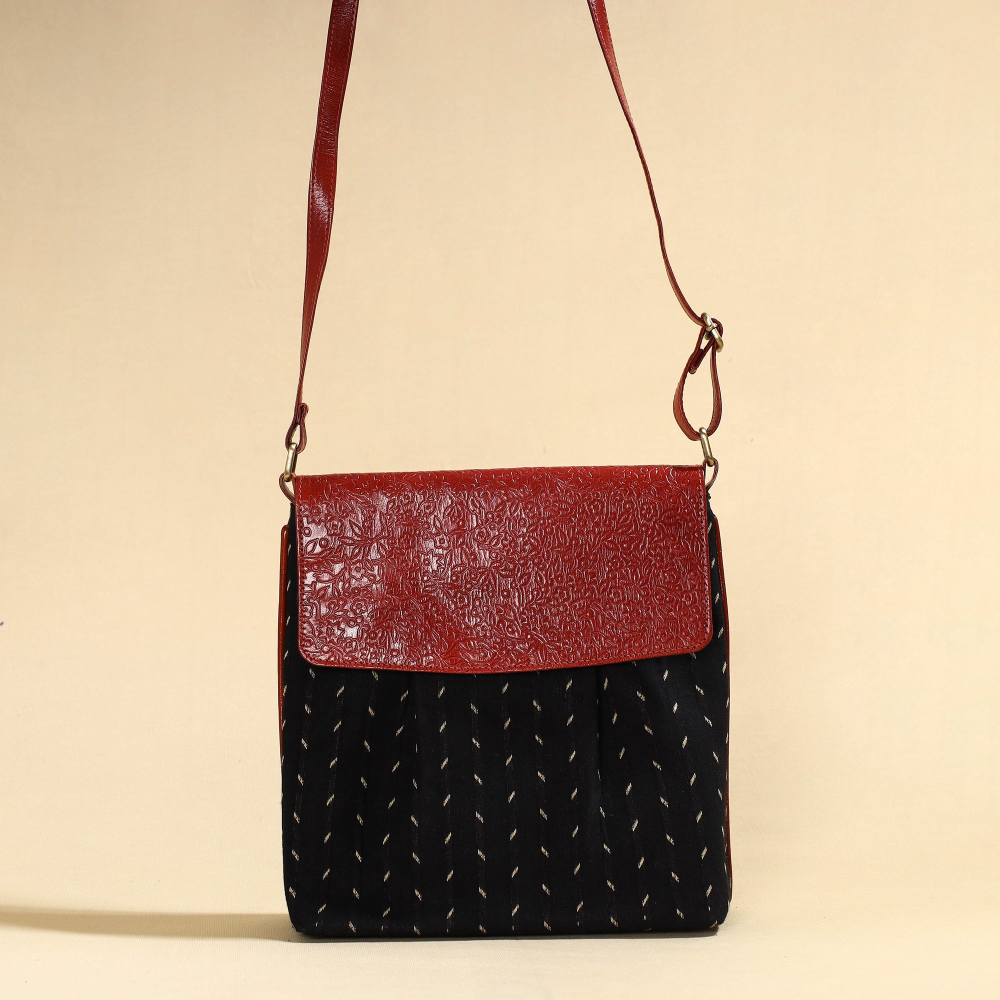 ASALKAAR Black - Handcrafted Jacquard Fabric Sling Bag with Embossed Leather Flap