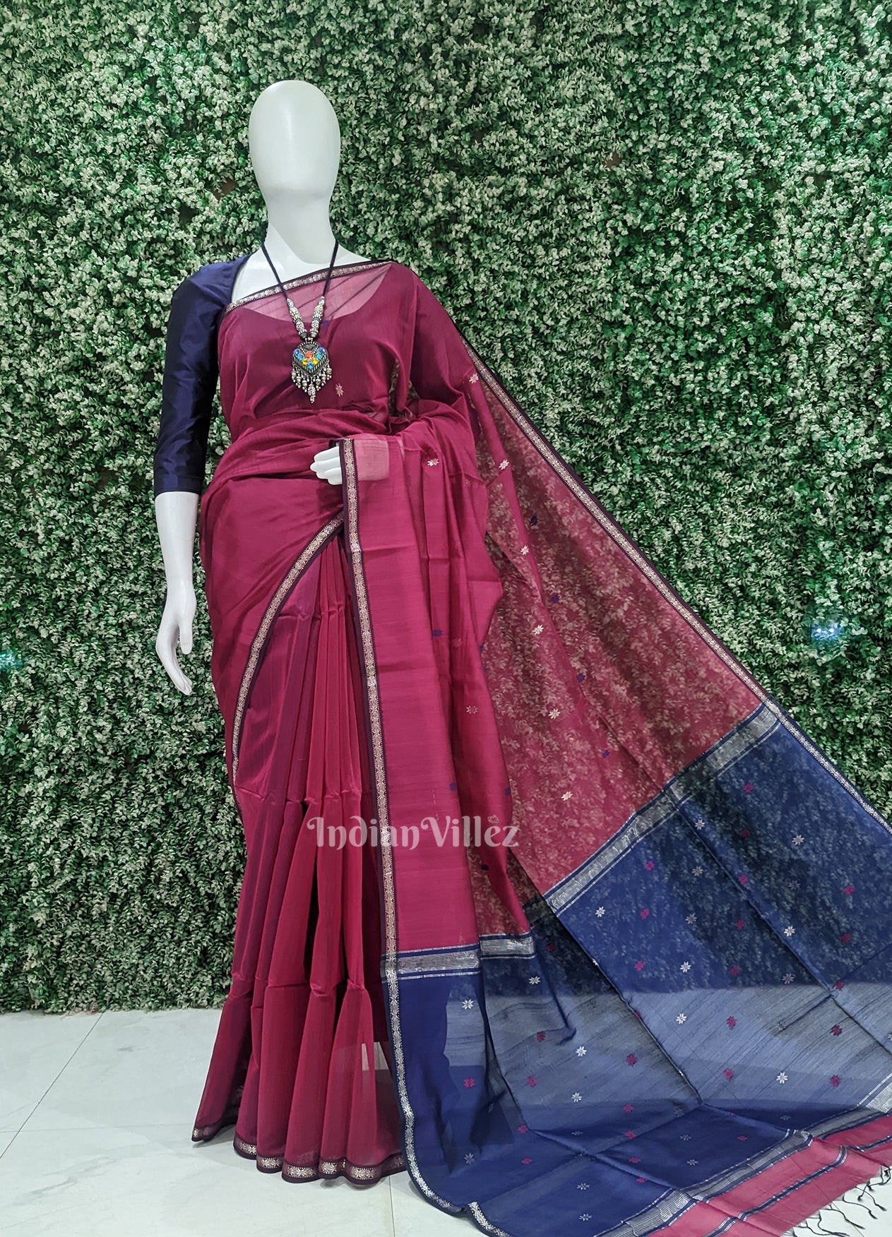 IndianVillèz Purple Wine with Blue Pure Silk Cotton Maheshwari Saree