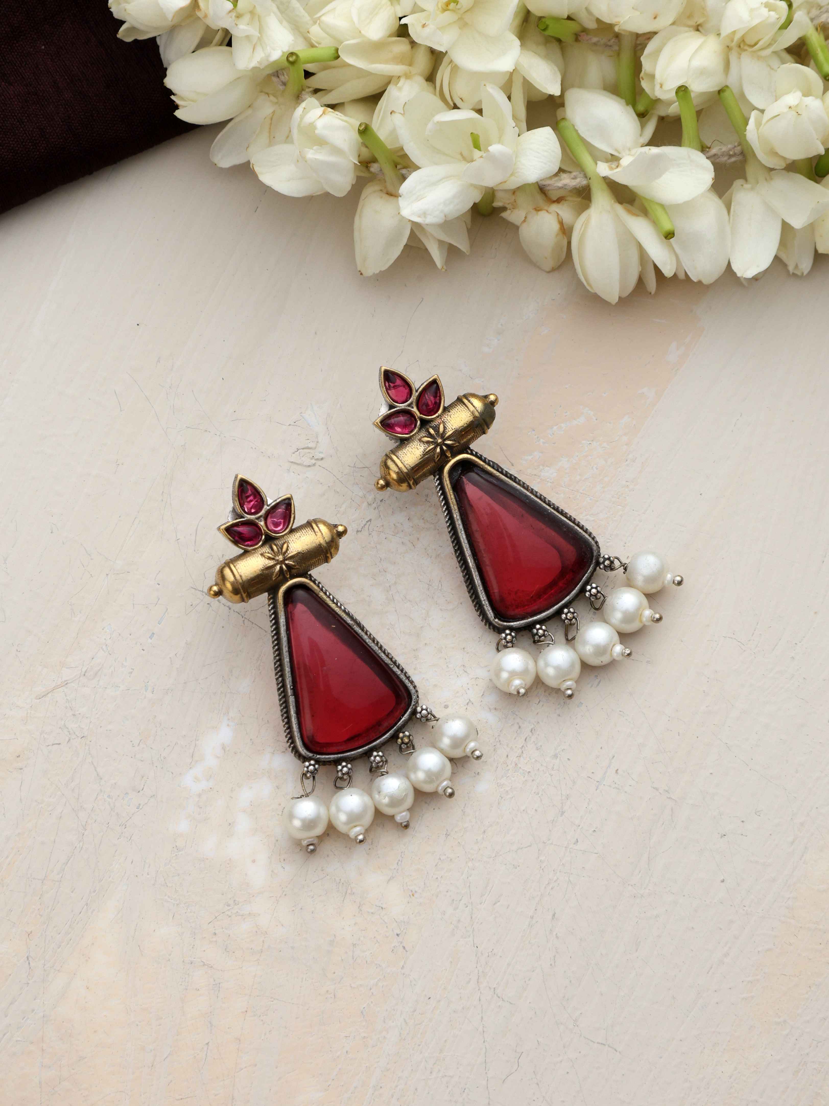 trueBrowns Silver Gold Tone Petal Dangle Earrings - view 4