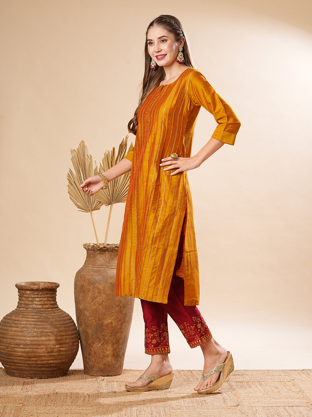 Fashor Solid Pin-Tucks Kurta with Resham & Sequins Embroidered Pants - Mustard - view 4