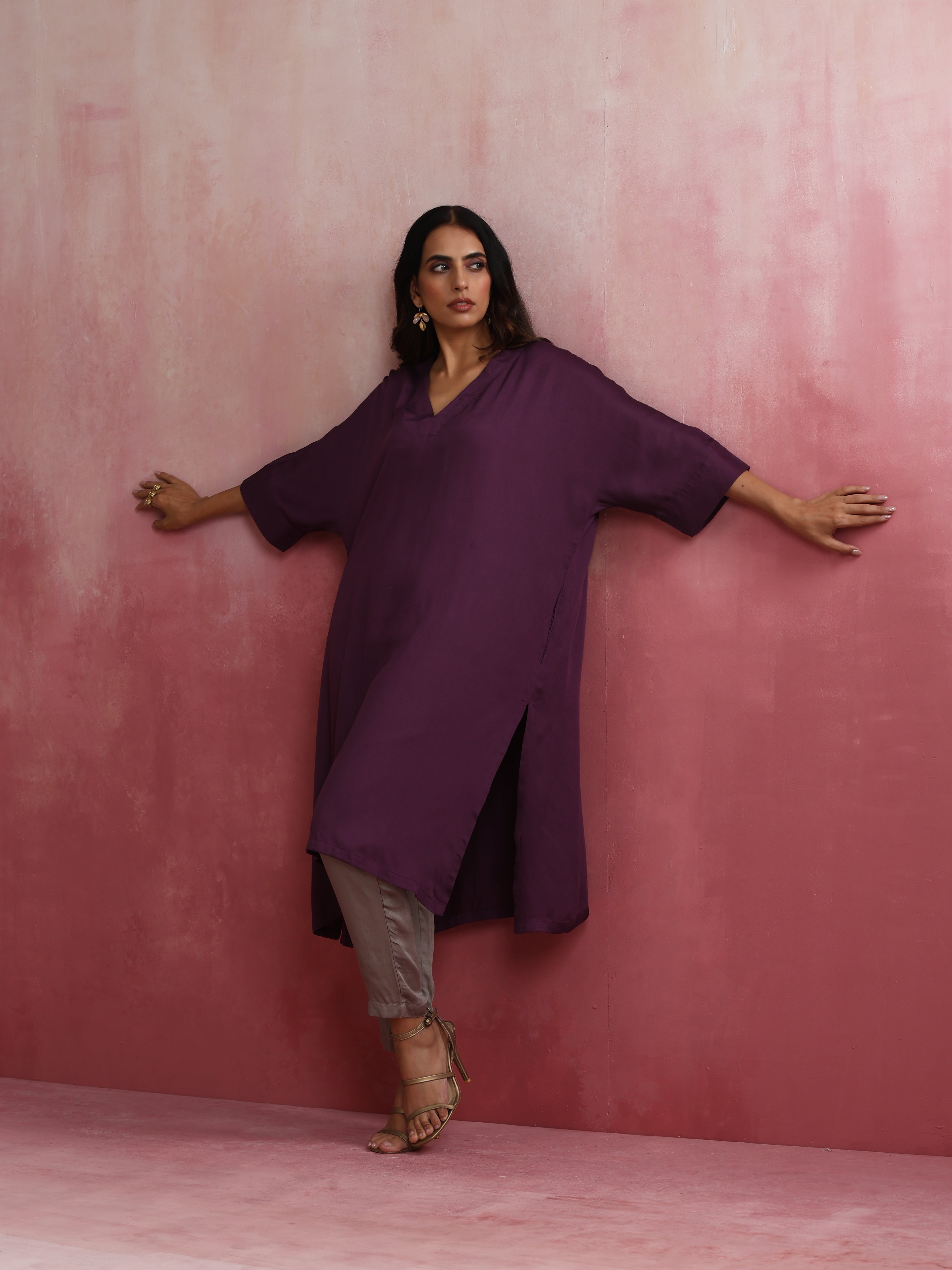 trueBrowns Purple Modal Kimono Kurta Set - view 3