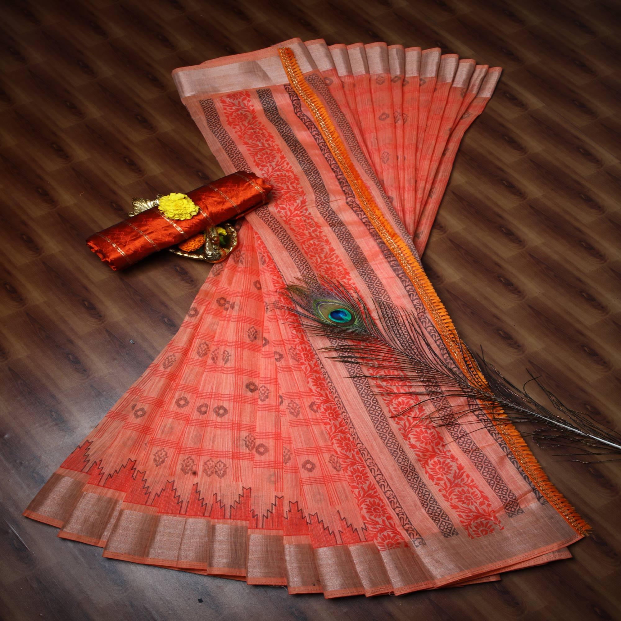 Peachmode Captivating Peach Colored Casual Wear Printed Cotton Saree