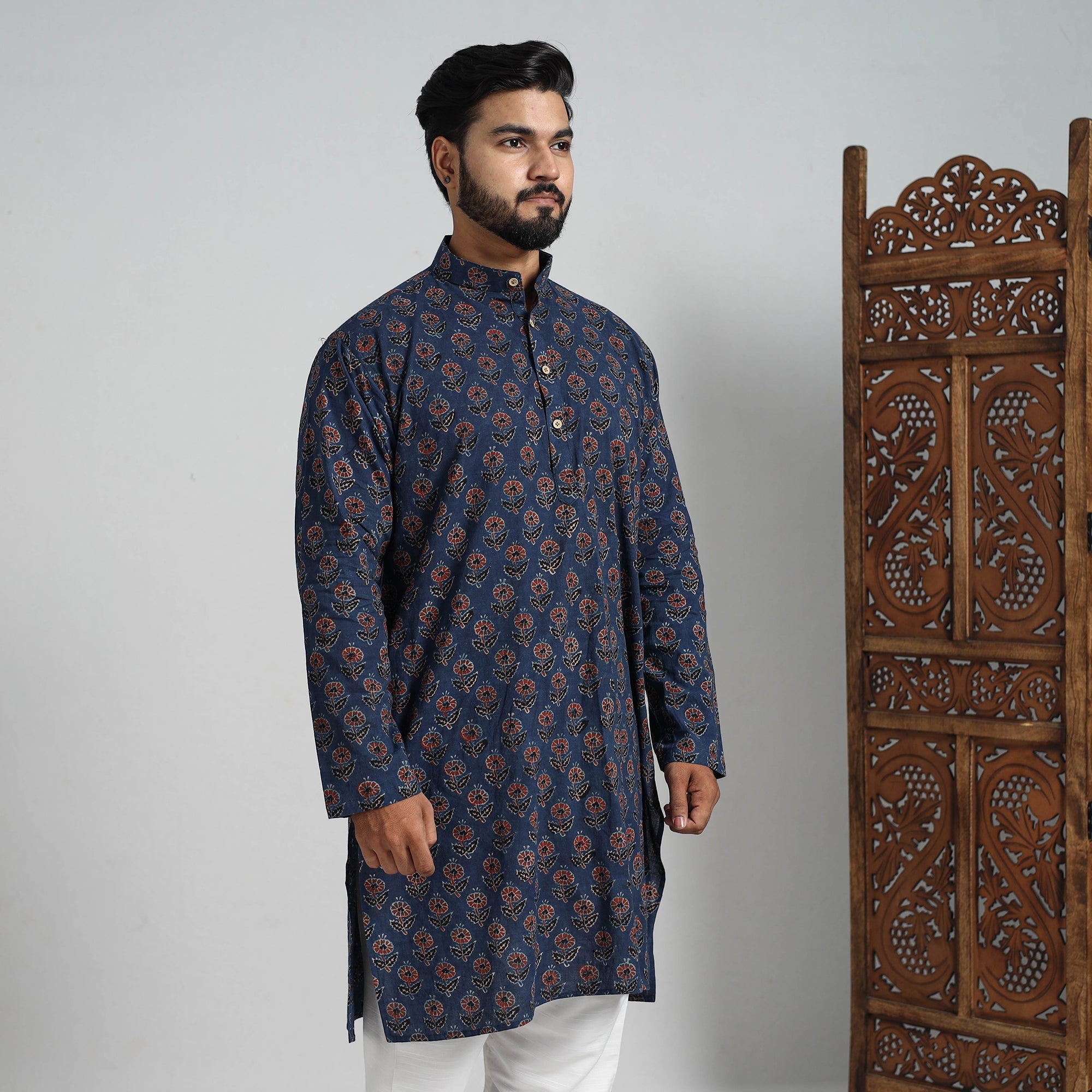 ITOKRI CASUALS Ajrakh Block Printed Cotton Men Long Kurta 18 - view 5