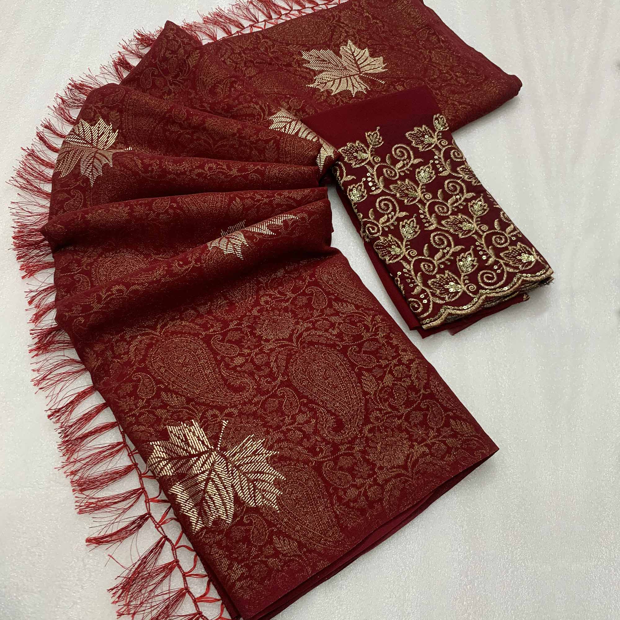 Peachmode Maroon Foil Printed Georgette Saree With With Tassels