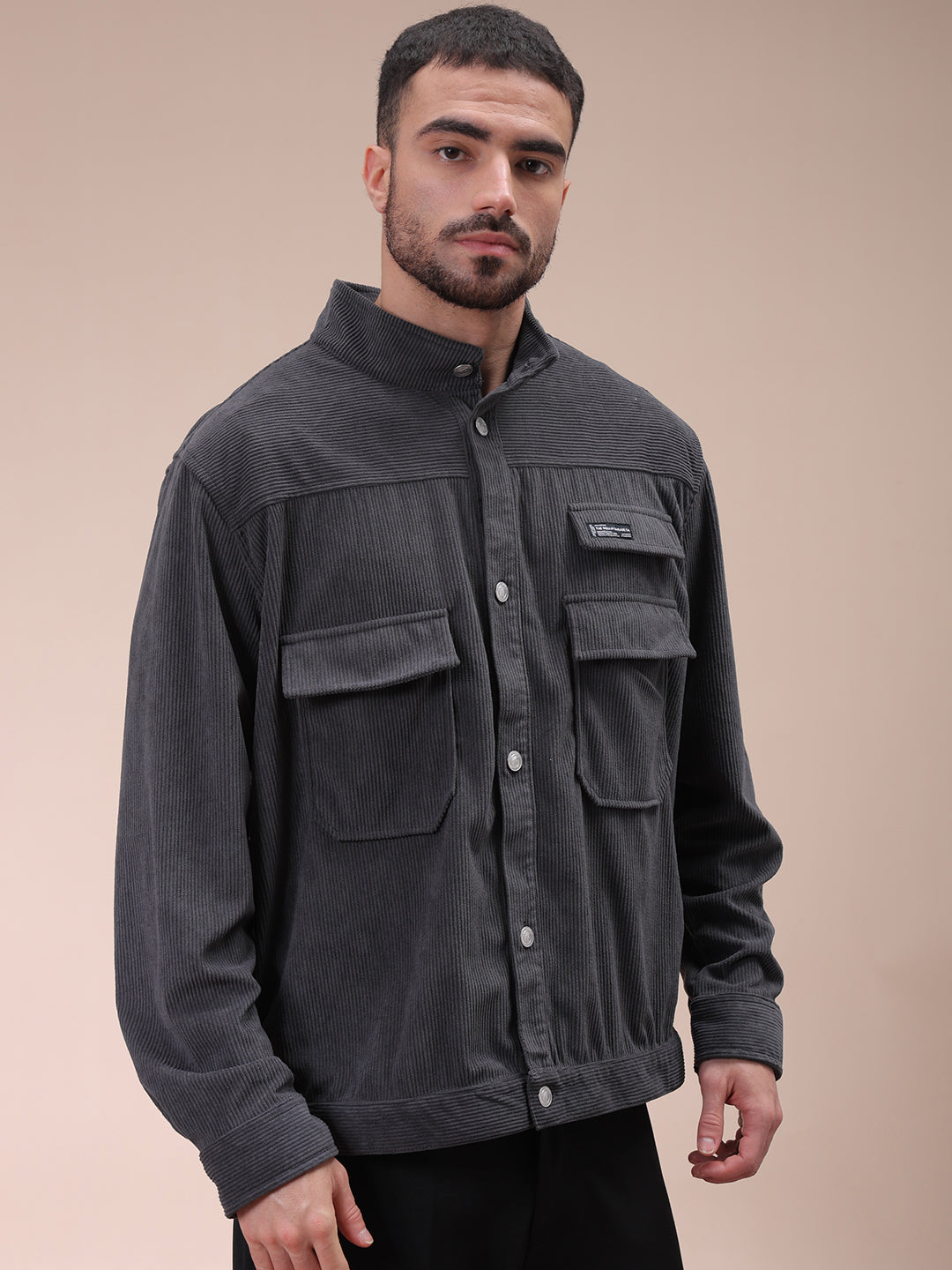 The Indian Garage Co Men's Grey Relaxed Fit Knitted Corduroy Utility Jacket - view 4