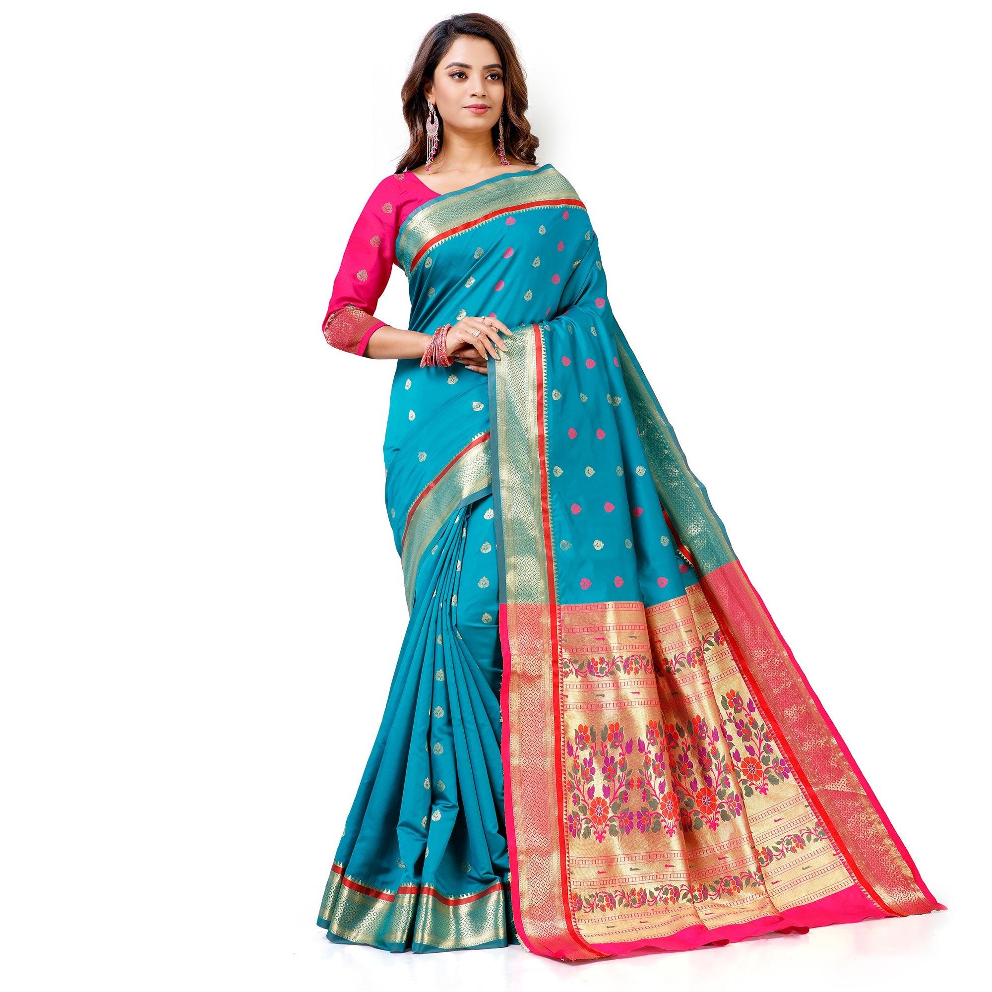Peachmode Ideal Blue Colored Festive Wear Woven Banarasi Art Silk Saree With Paithani Pallu