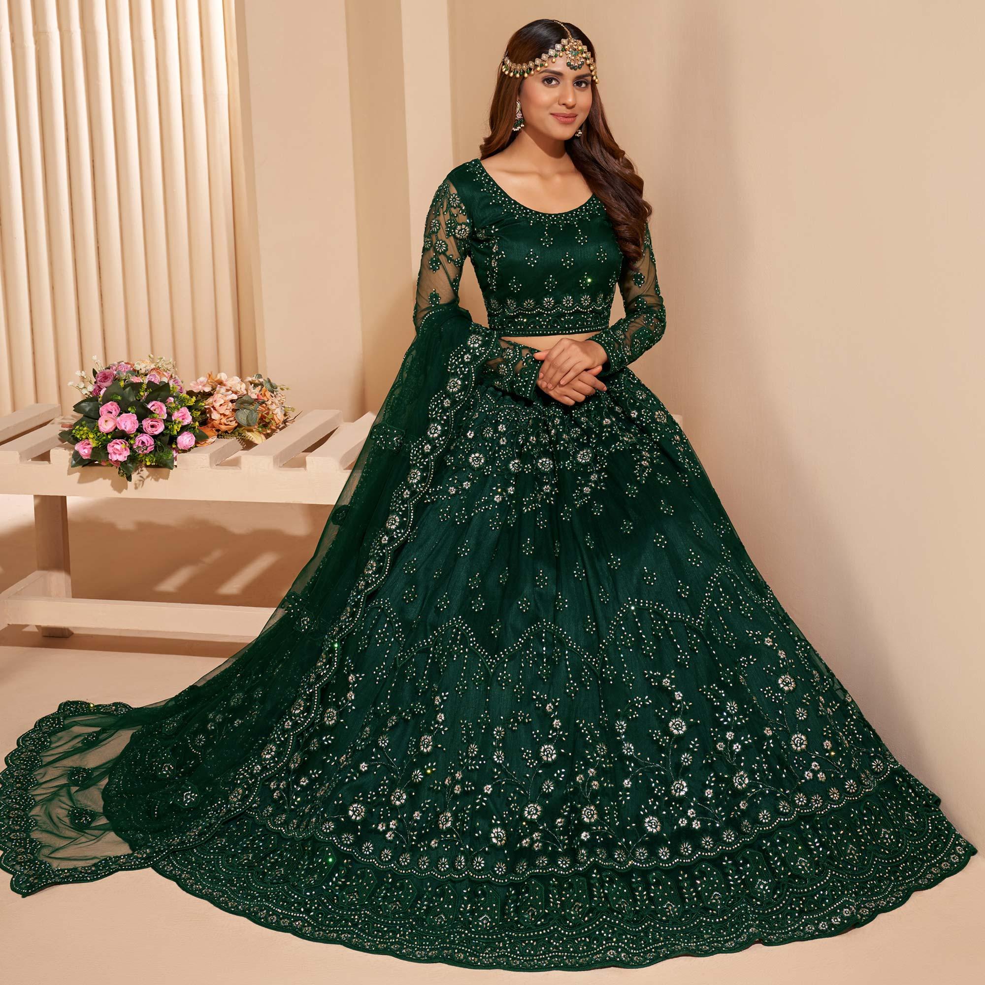Peachmode Bottle Green Wedding Wear Embroidered With Embellished Net Lehenga Choli - view 4