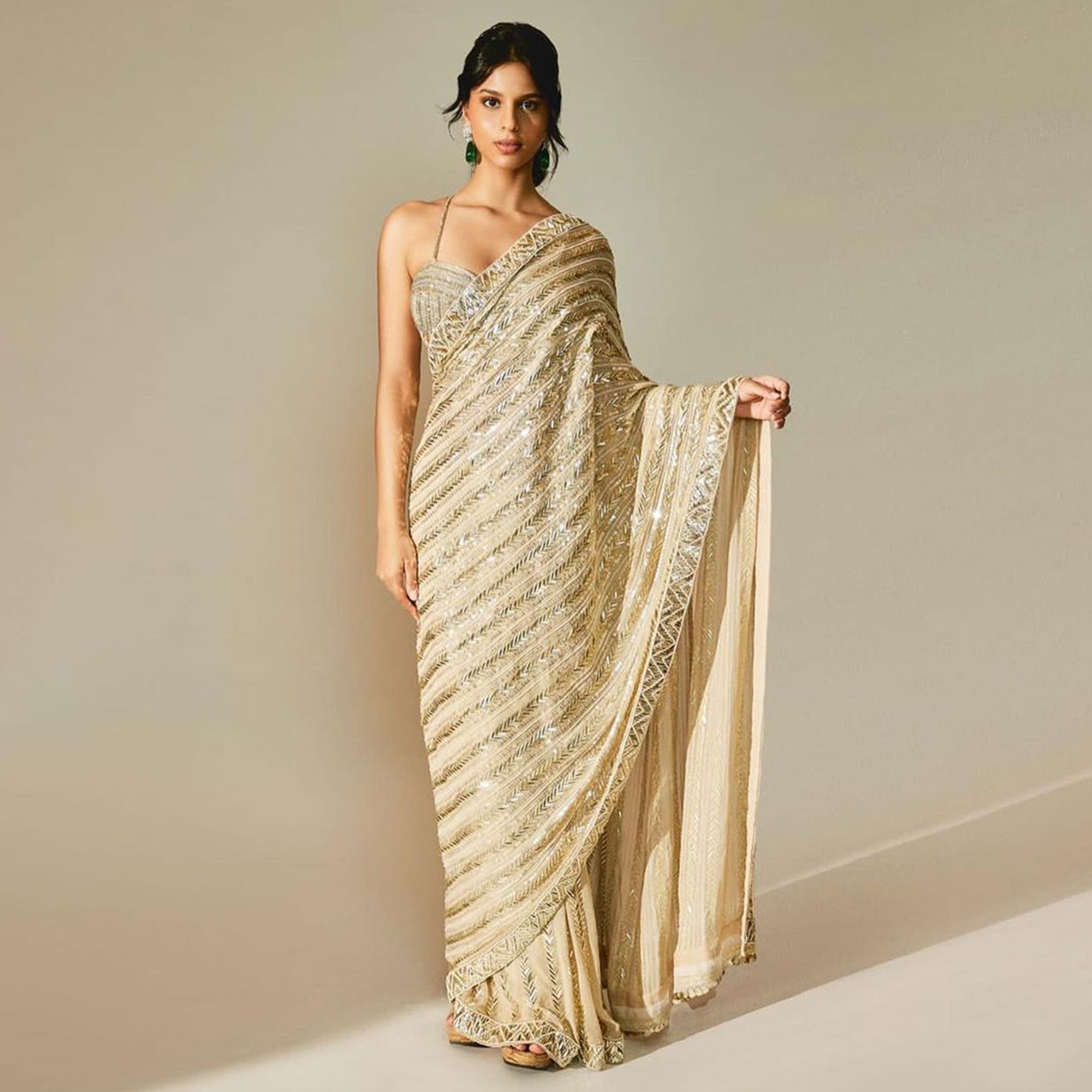 Peachmode Cream Sequins Embroidered Georgette Saree - view 2
