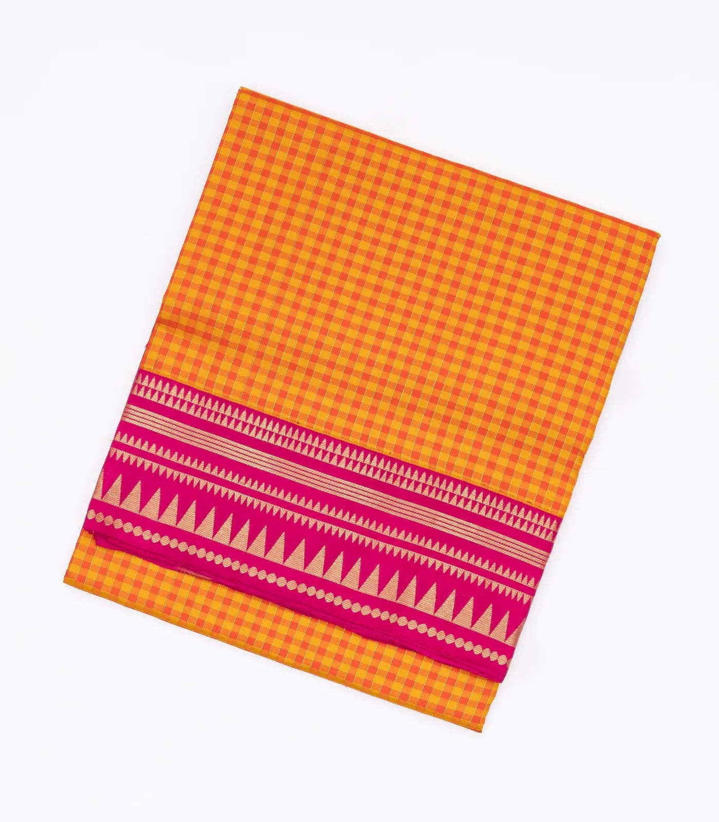 RmKV Orange Handloom Soft Silk Saree With Checks & Contrast Pink Border