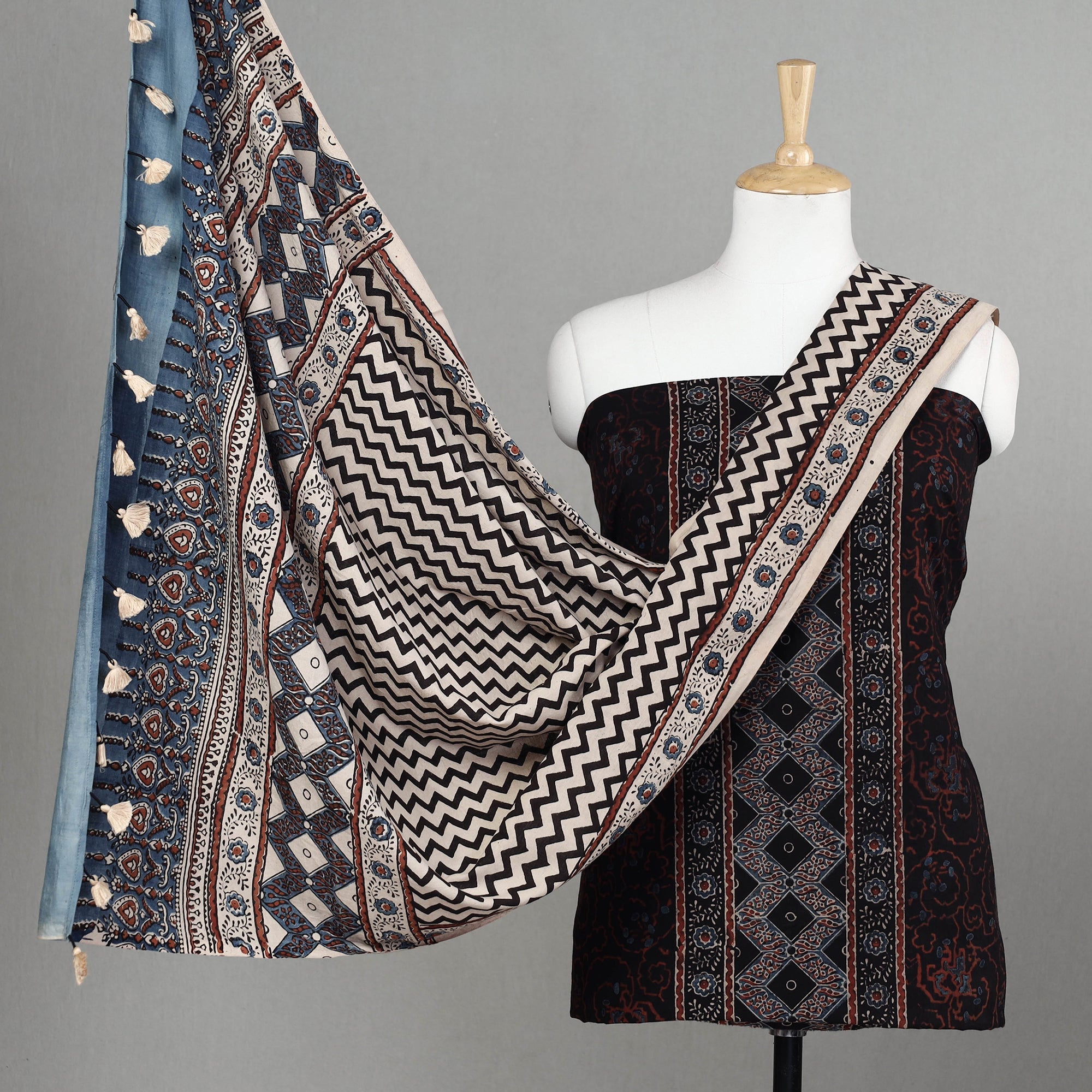 AJRAKH BY JABBAR KHATRI Black - 3pc Ajrakh Block Printed Cotton Suit Material Set