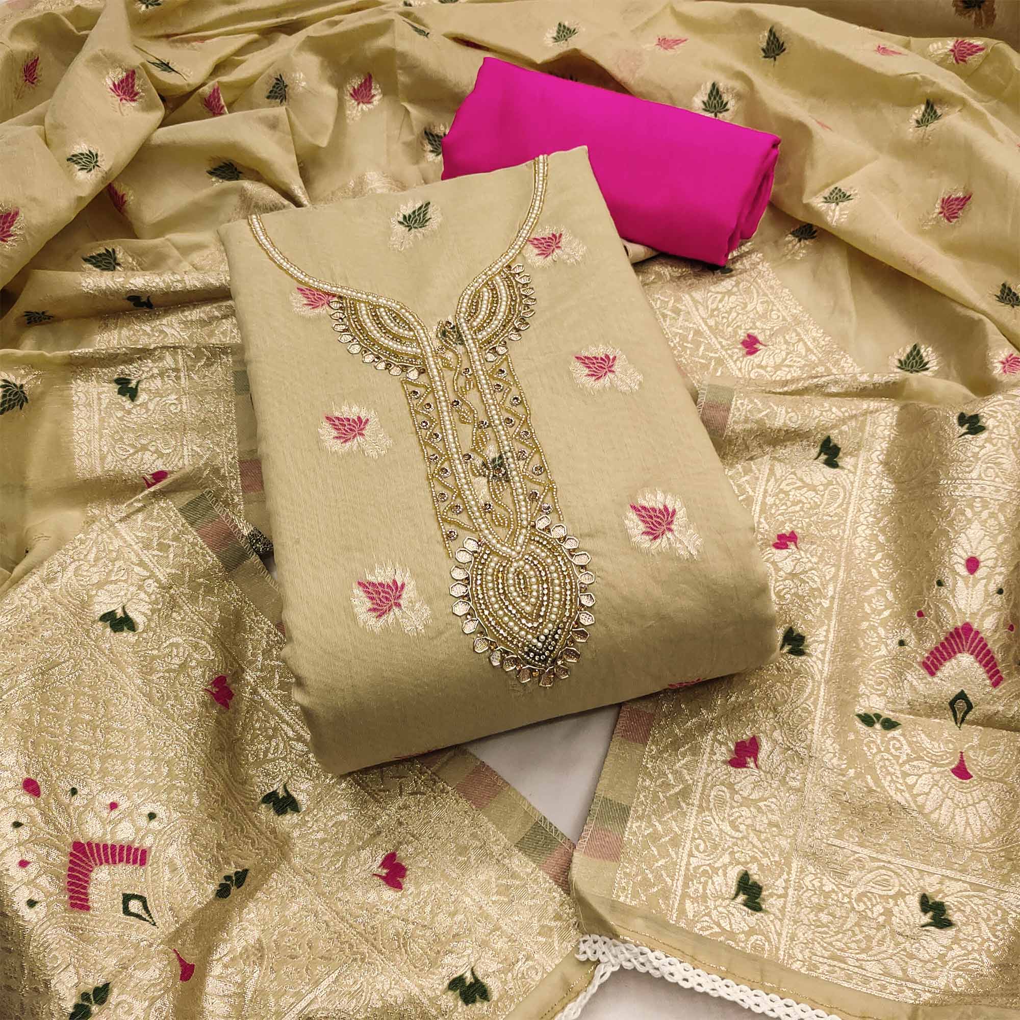 Peachmode Chikoo Woven With Handwork Muslin Dress Material