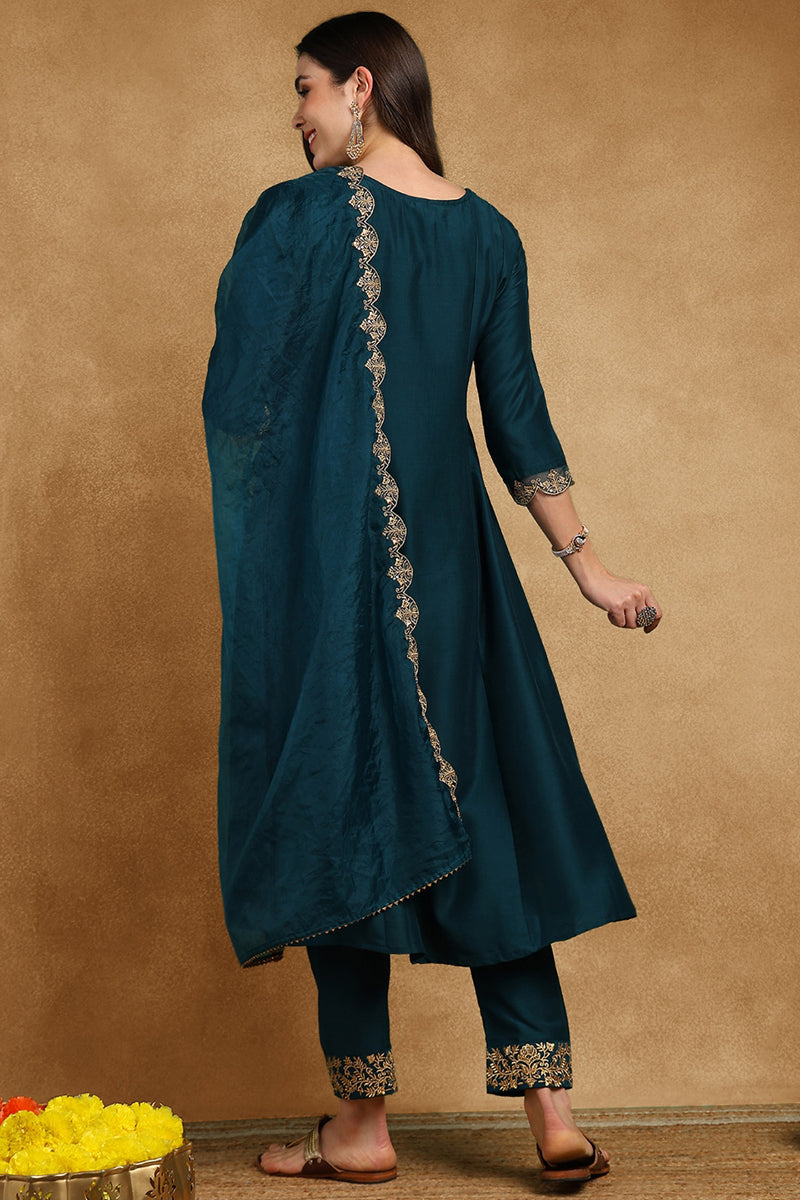 Ahika Teal Blue Silk Blend Solid Embroidered Anarkali Suit Set PKSKD2735 - view 4