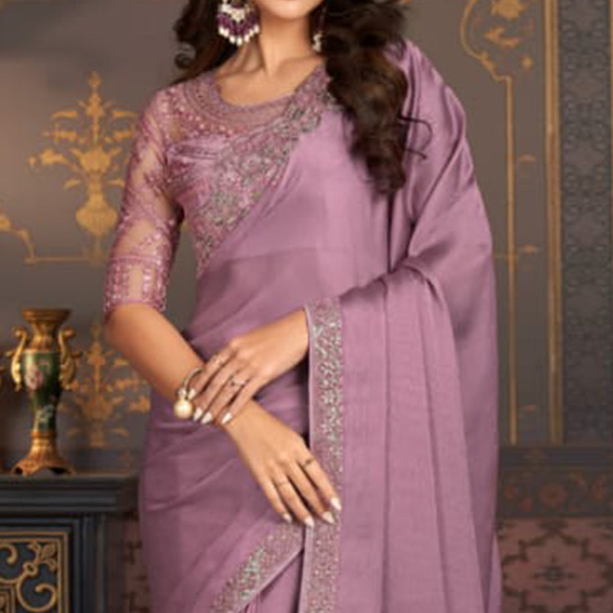 Peachmode Mauve Embroidered Satin Saree – Women's - view 3