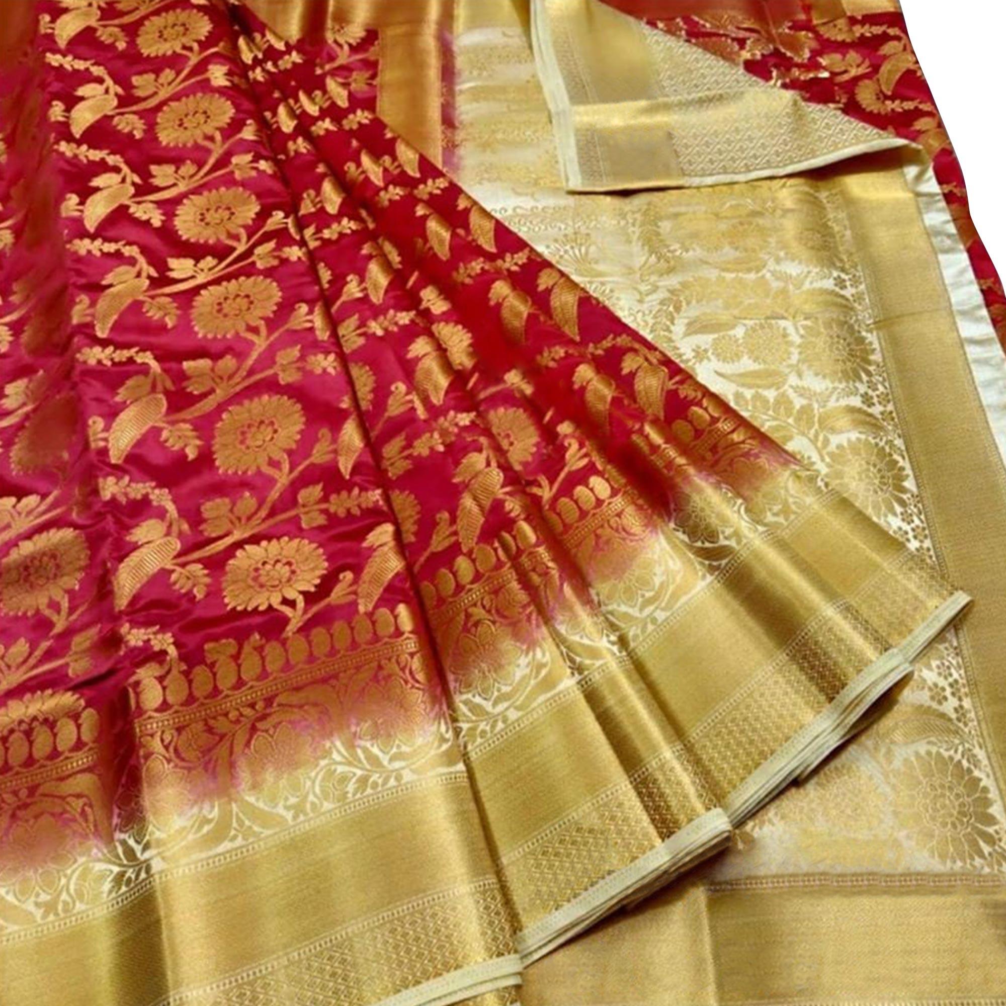 Peachmode Flattering Pink Colored Festive Wear Woven Silk Blend Saree