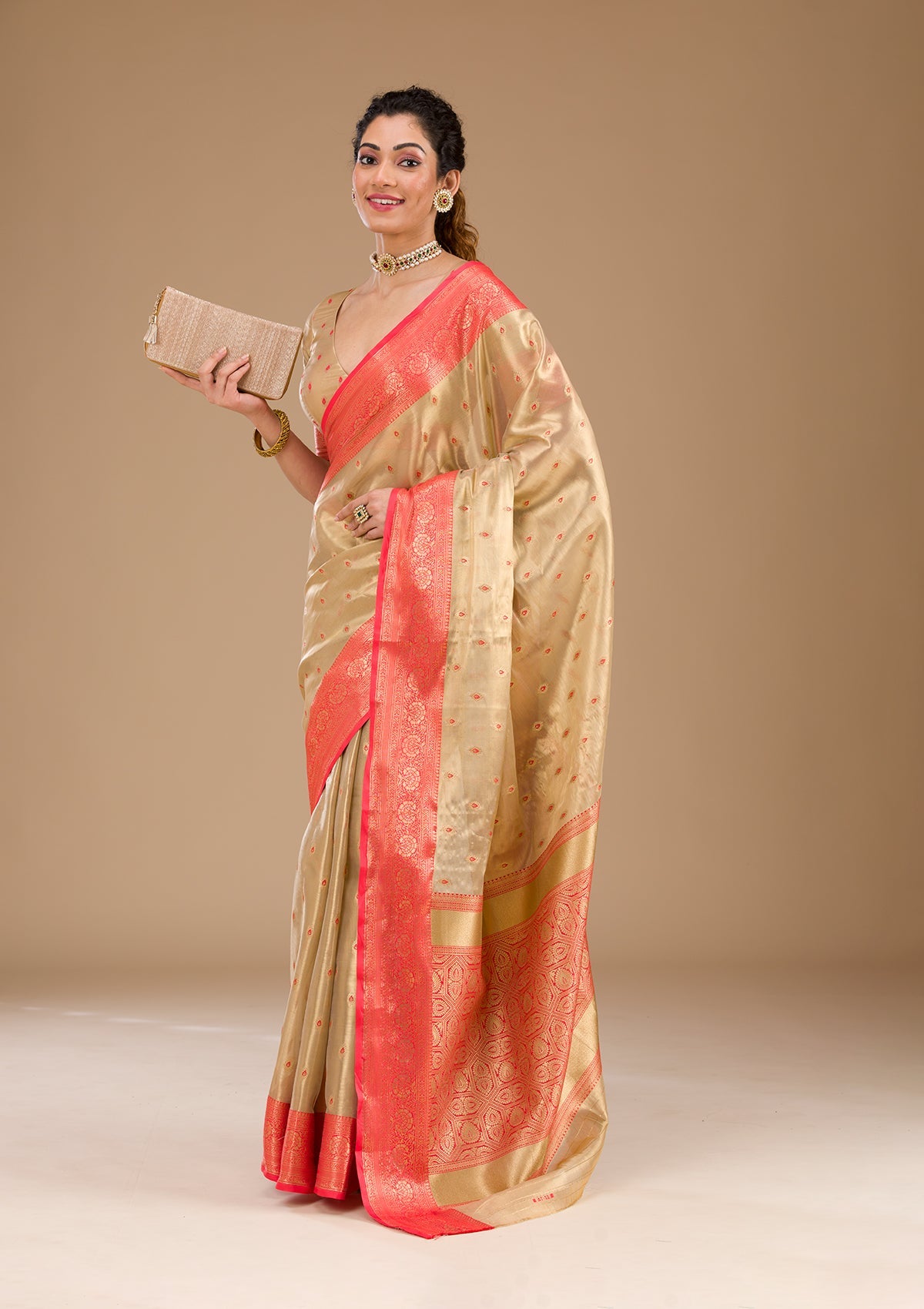 Koskii Cream Zariwork Tissue Saree – Women's