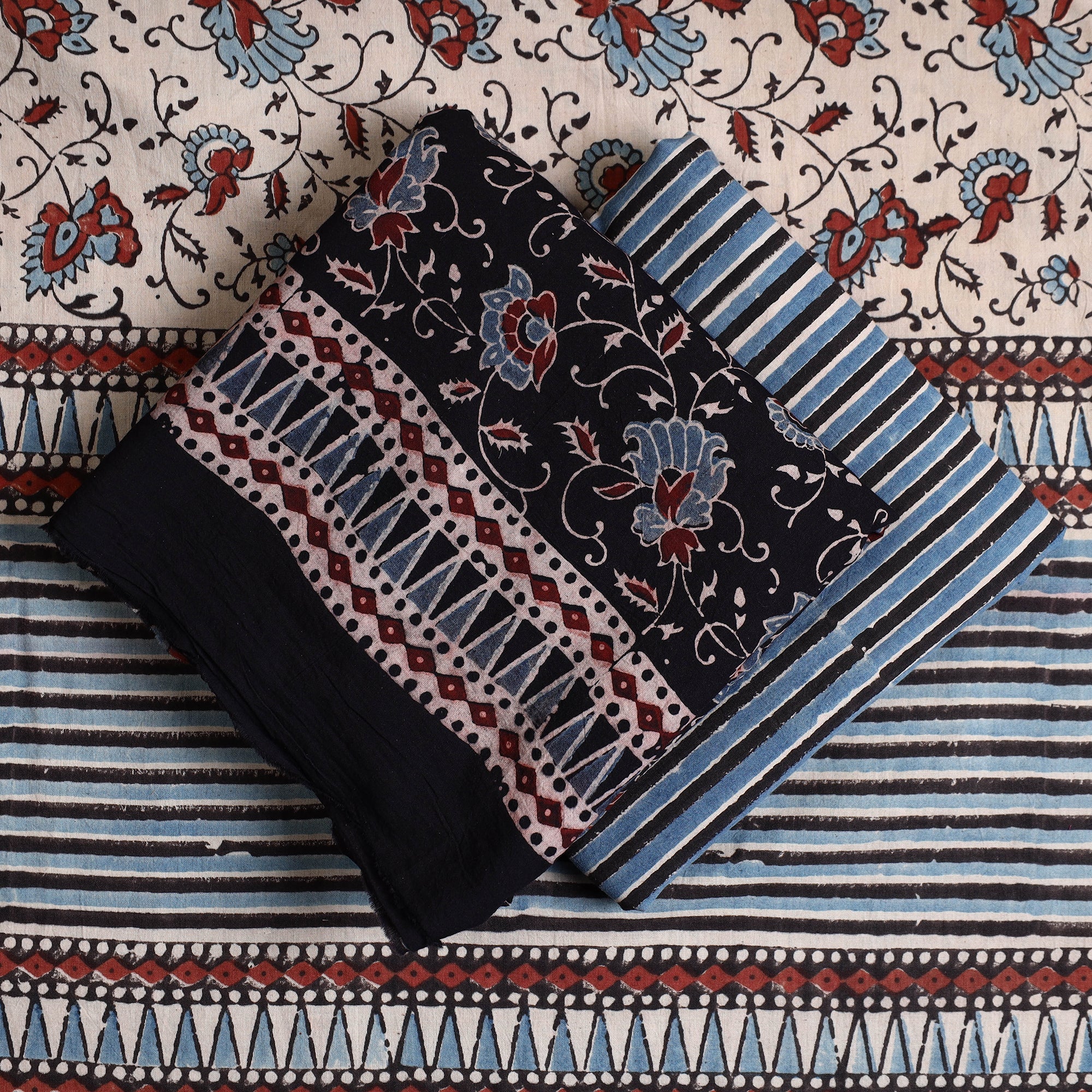AJRAKH BY JABBAR KHATRI Black - Hand Block Print Cotton 3pc Ajrakh Dress Material 12 - view 2