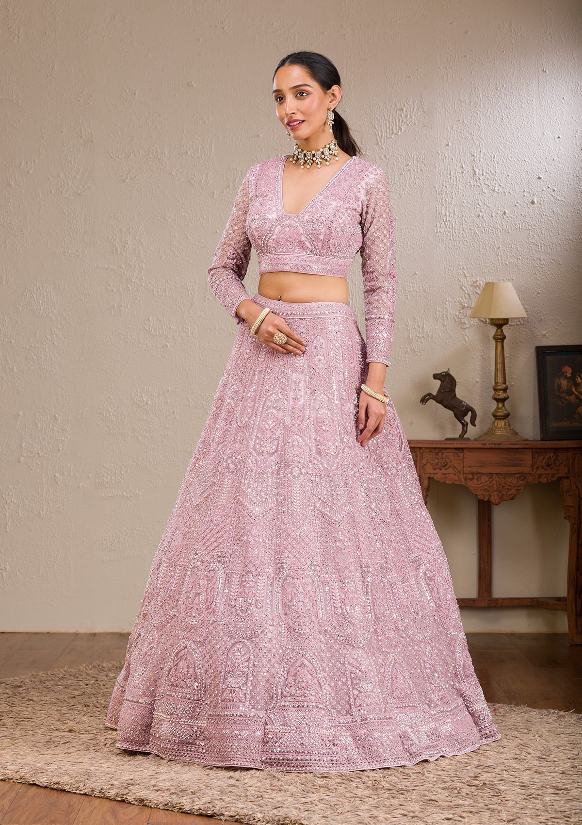 Koskii Pink Pearlwork Net Readymade Lehenga – Women's - view 5